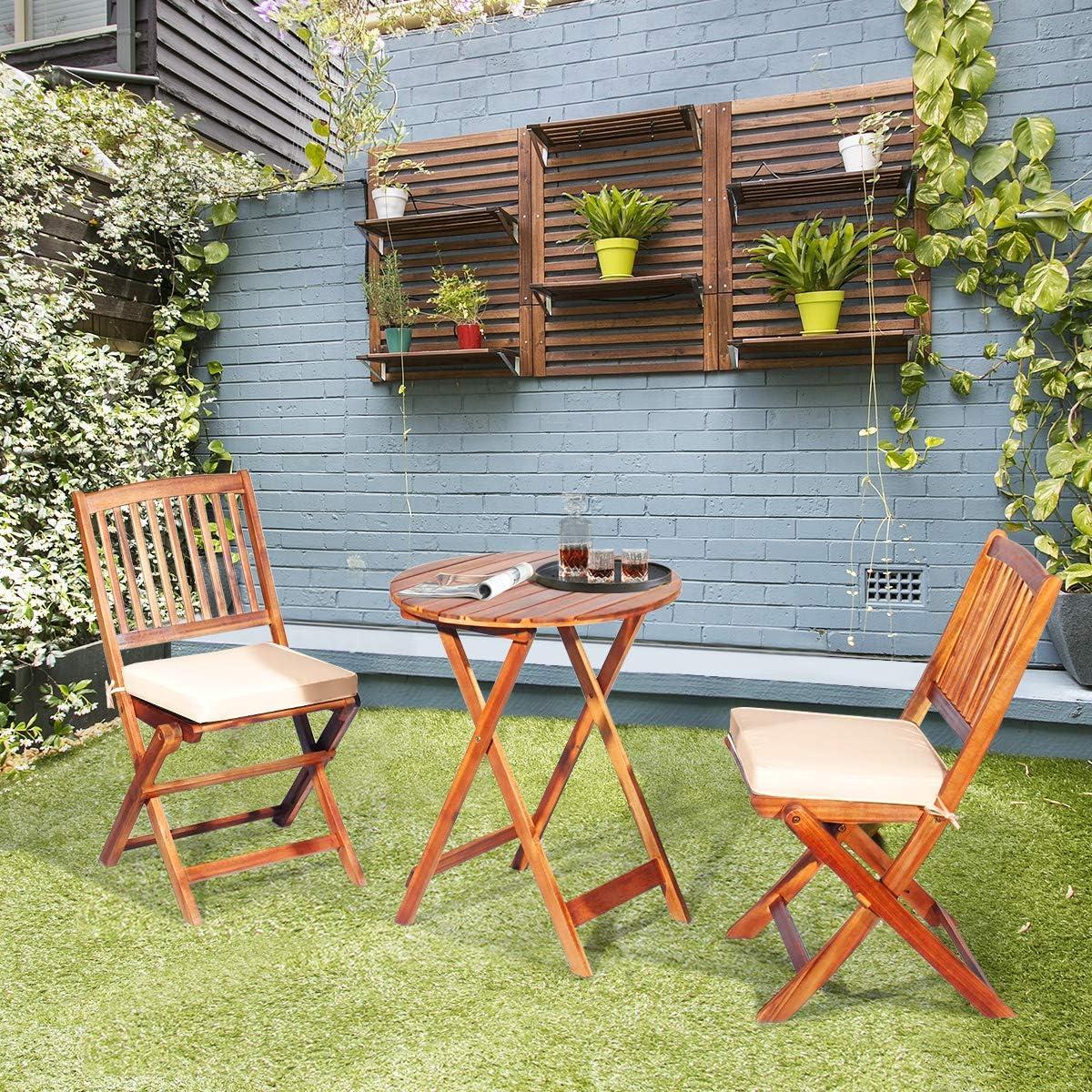 Giantex 3Pcs Patio Bistro Set, Wood Folding Table Set, 2 Cushioned Chairs for Garden Yard