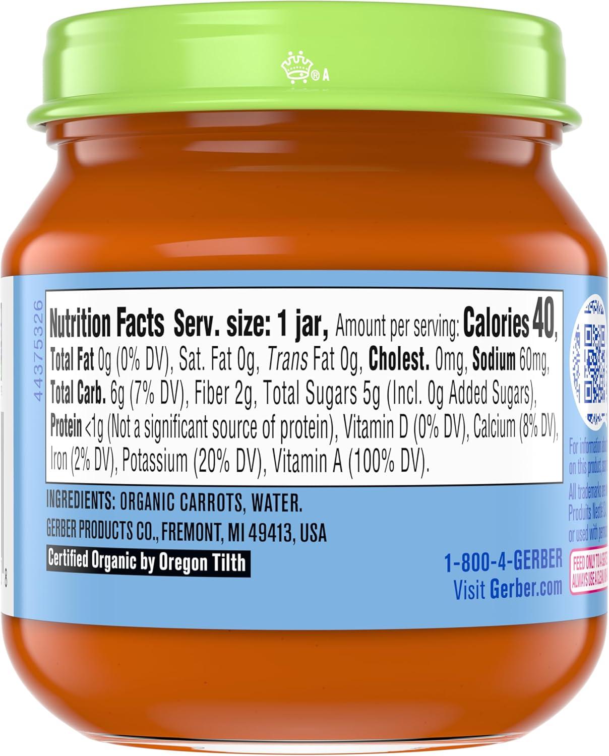 Gerber Stage 1 Baby Food, Organic Carrot Jar, Carrot Puree, Non-GMO, Vegetable Baby Food, Puree Jars Glass, 10-pack