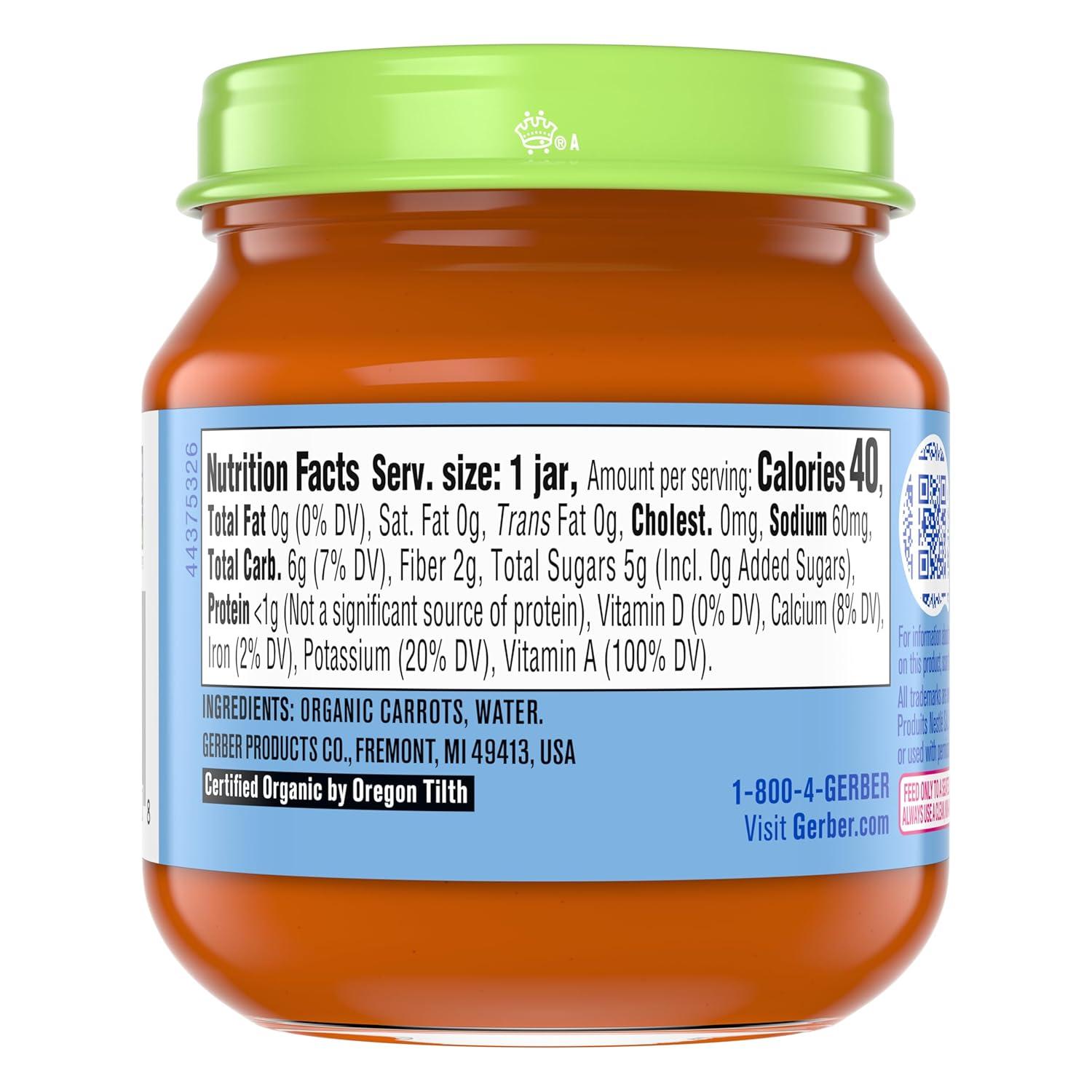 Gerber Stage 1 Baby Food, Organic Carrot Jar, Carrot Puree, Non-GMO, Vegetable Baby Food, Puree Jars Glass, 10-pack