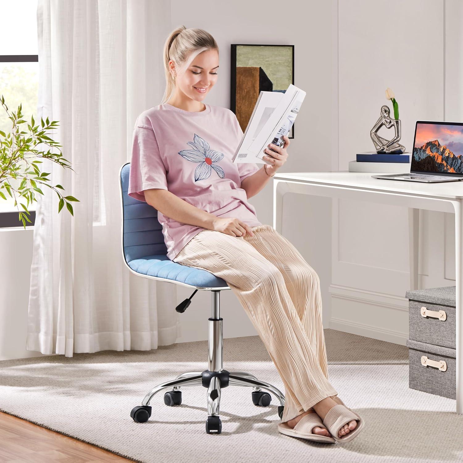 Yaheetech Velvet Low Back Armless Desk Chair Office Chair with Wheels, Blue