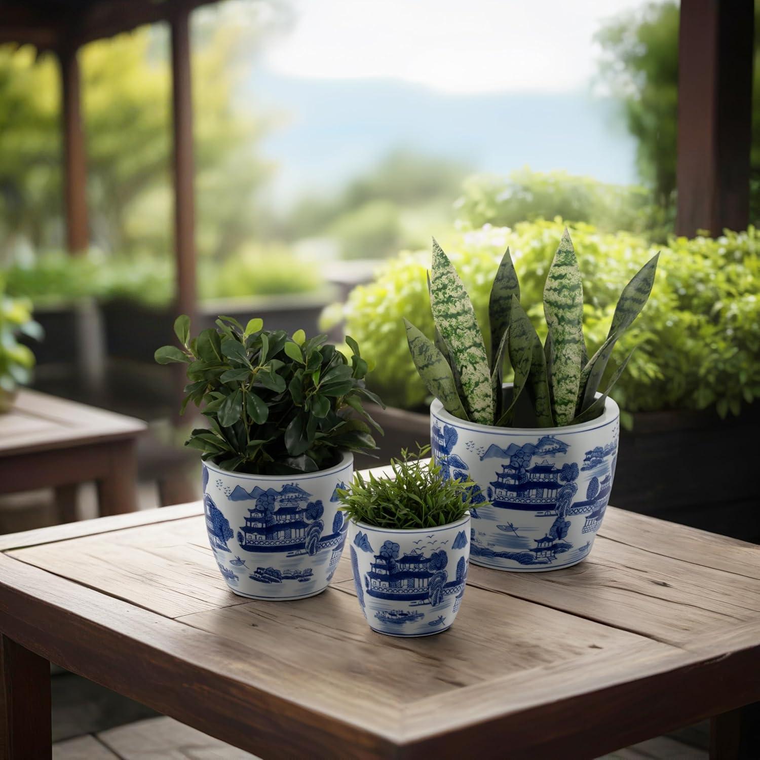 Sagebrook Home 3pc Chinoiserie Ceramic Indoor Outdoor Planter Pots Blue/White: Rust-Resistant, Hand-Painted, No Drainage Holes