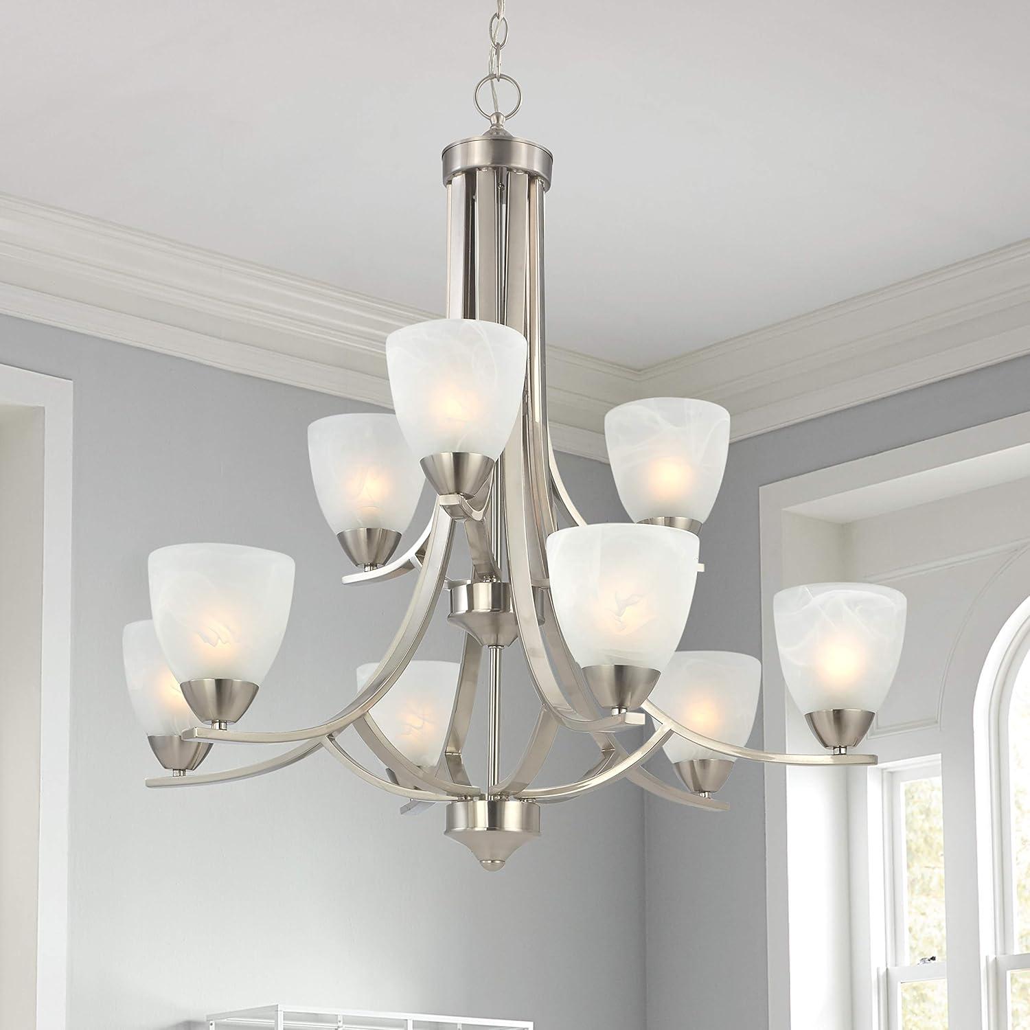 Satin Nickel 9-Light Alabaster Glass 2-Tier Chandelier