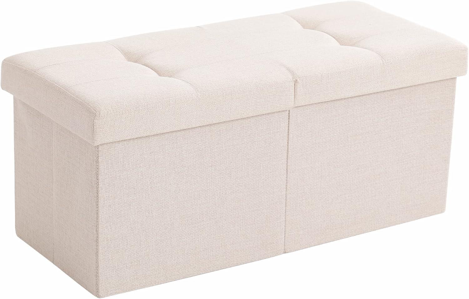 Beige Tufted Linen Foldable Storage Ottoman Bench