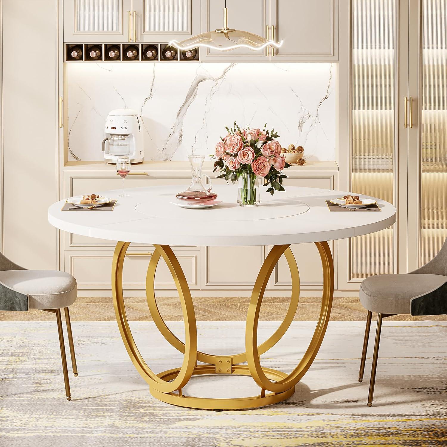 47 inch Dining Table for Dining Room, 4 People Round Dinner Table white & Gold