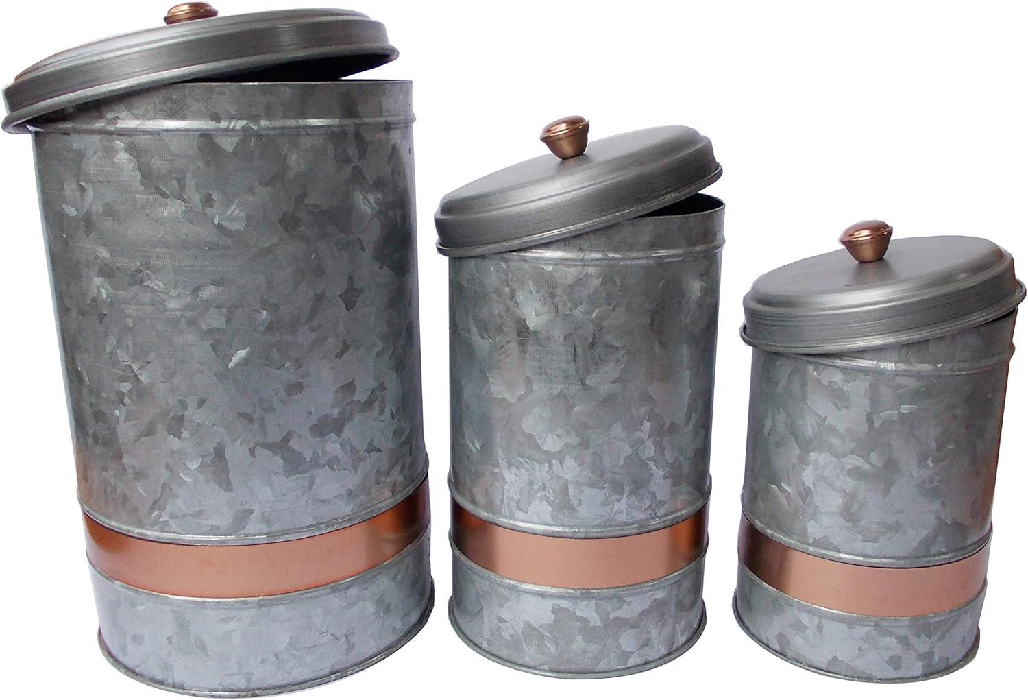 Galvanized Metal Lidded Canister With Copper Band, Set of Three, Gray