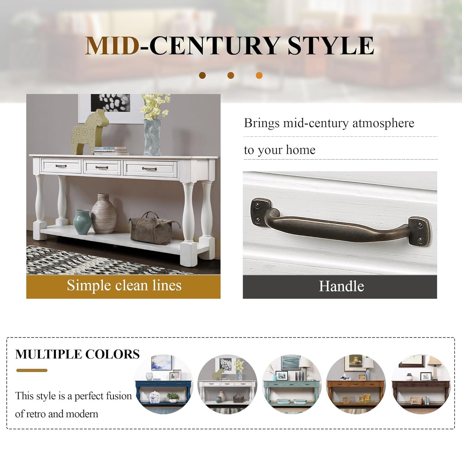 Merax Solid Wood Sofa Table with 3 Storage Drawers, 63 Inch Long Wood Console Table with Bottom Shelf, Retro Entryway Table for Living Room Hallway, Antique White