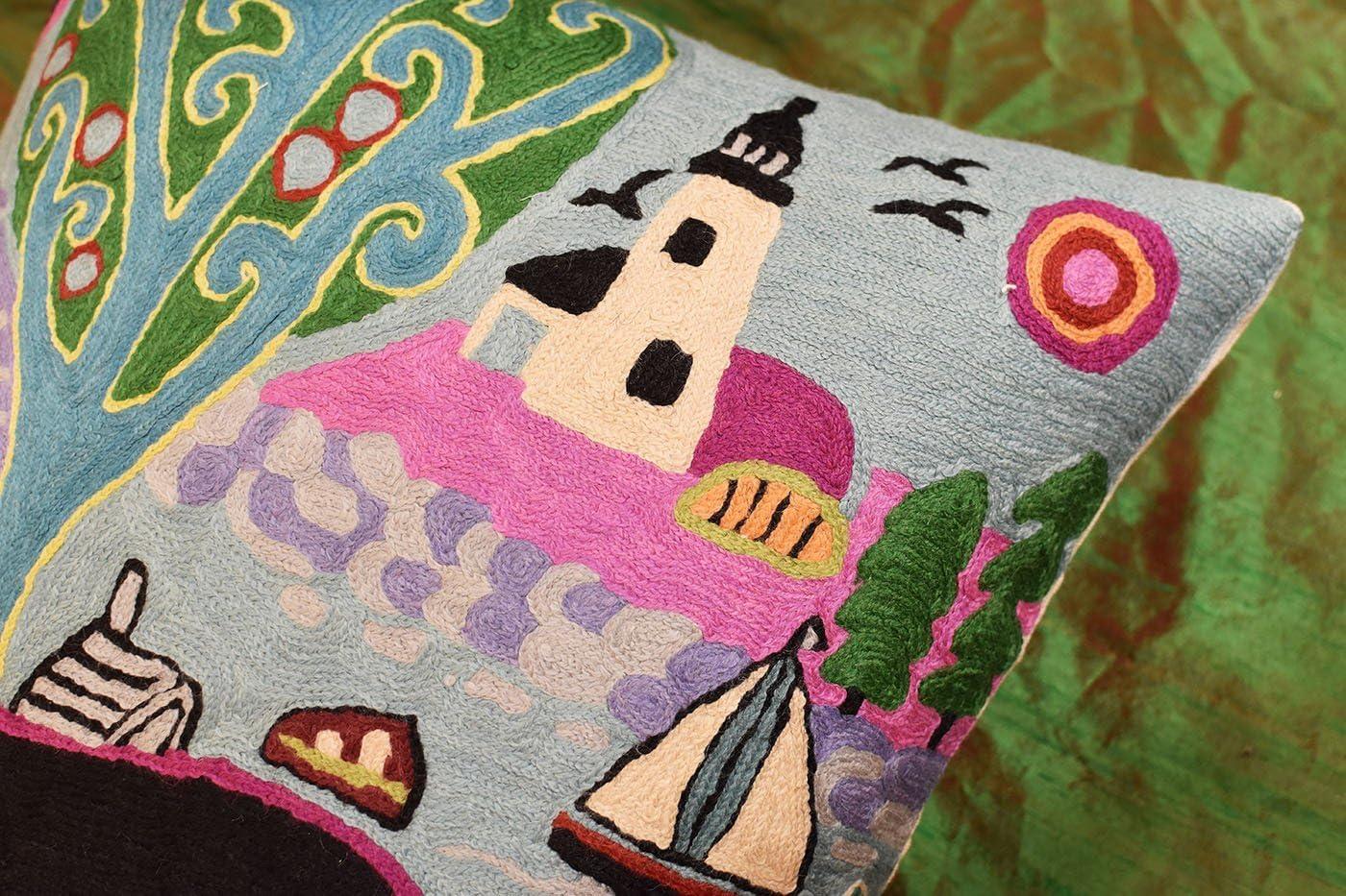 Hand Embroidered Multicolor Wool and Cotton Square Pillow