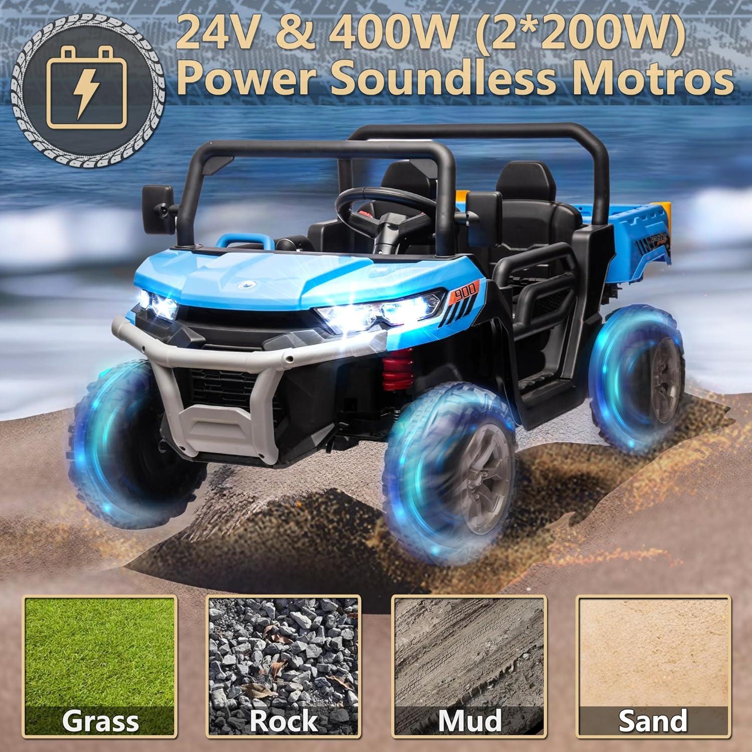 Xuanlur 24V 2 Seater Kids Ride on Car Truck, Ride on UTV W/ 2x200W Motor, 24 Volt Ride on Toys W/ Dump Bed/Shovel, Electric Car for Kids W/ Durable Tires, LED Light, Music, Remote Control, Blue