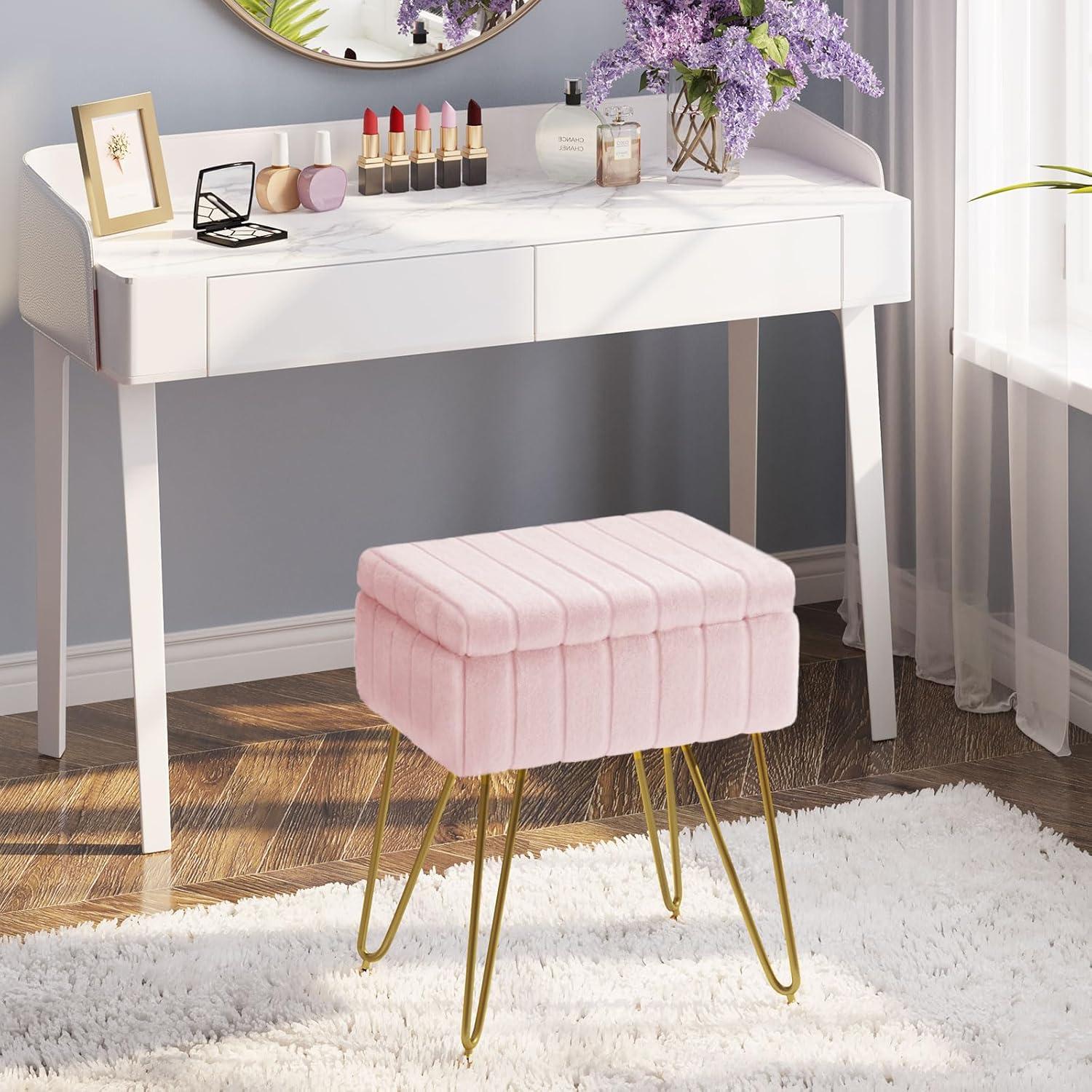 Greenstell Vanity Stool Chair Faux Fur with Storage, 15.7"L x 11.8"W x 19.4"H Soft Ottoman 4 Metal Legs with Anti-Slip Feet, Furry Padded Seat, Modern Multifunctional Chairs for Makeup, Bedroom Pink