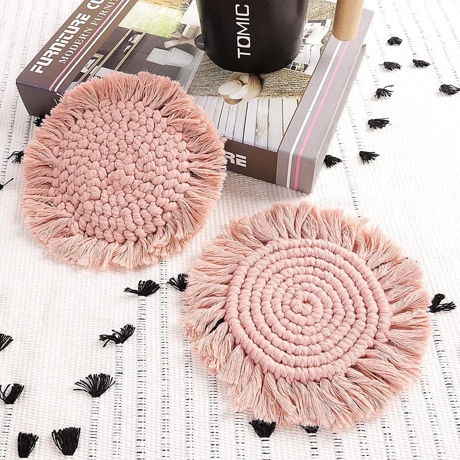 2 Pcs Macrame Boho Coasters for Drinks Absorbent Coasters with Tassel Farmhouse Handmade 7" Round Cotton Coasters for Desk Table Kitchen Office Home Bar Tabletop Protection Housewarming Gift, Pink