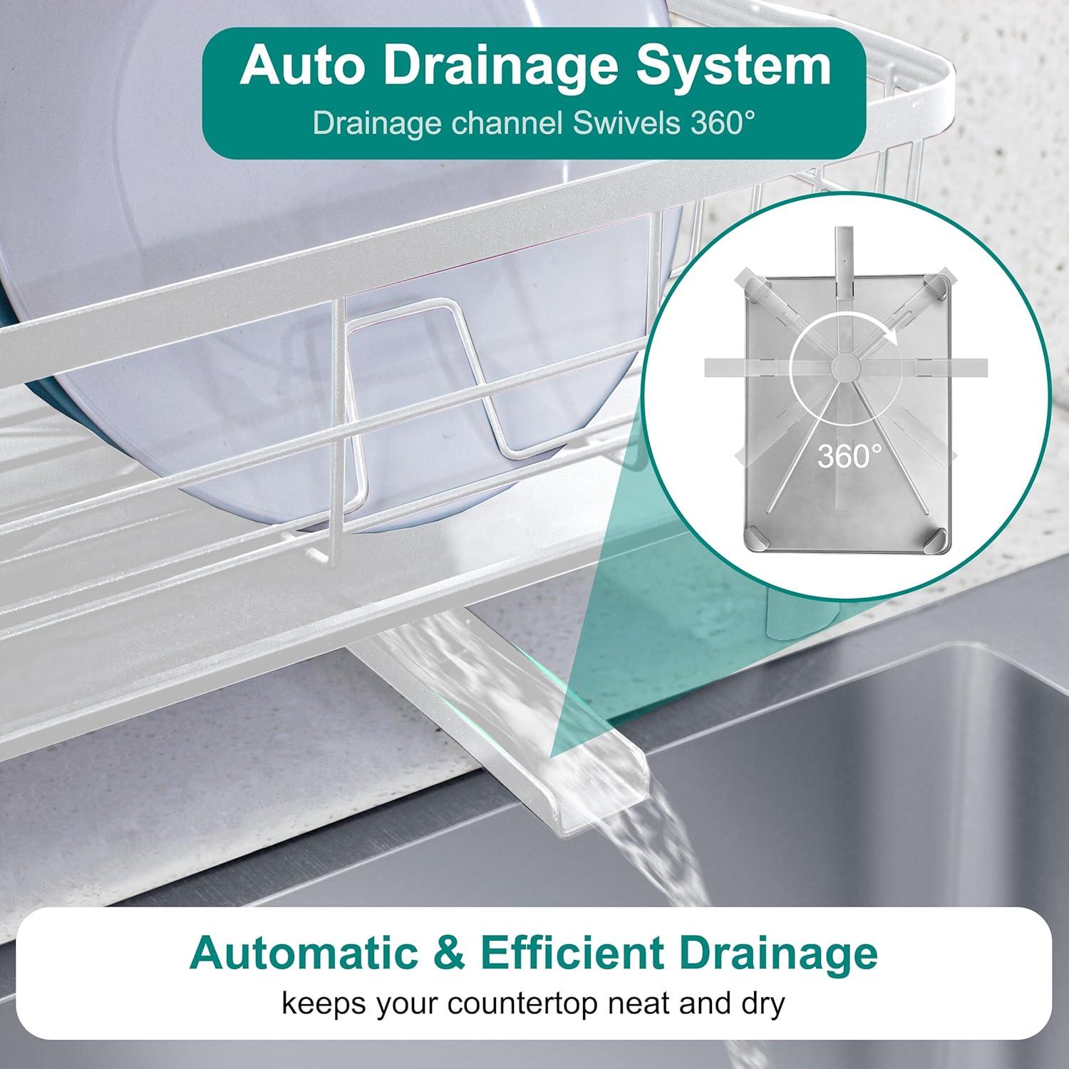 Dish Drying Rack for Kitchen Counter,Space-Saving Dish Rack with Drainboard,Rustproof Countertop Dish Drainer with Utensil Holder for Sink,White