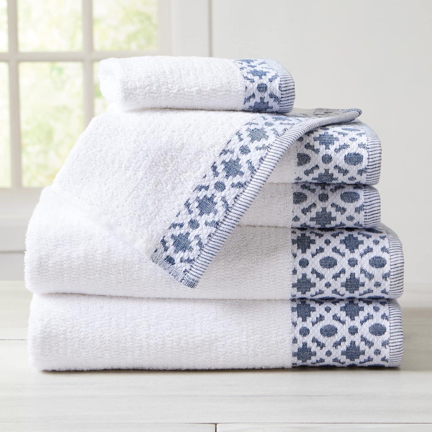 Nitra White and Navy Cotton Towel Set with Geometric Border