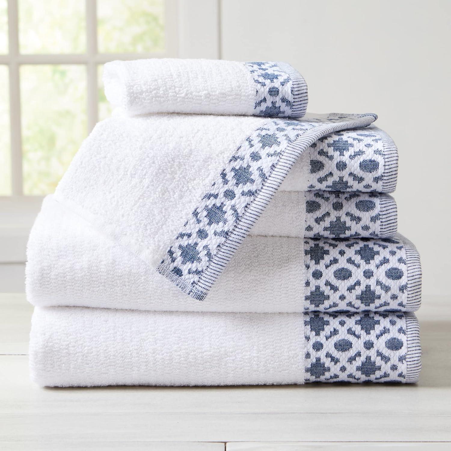 Market & Place 100% Cotton Luxury Towel Set | Super Soft and Highly Absorbent | Textured Decorative Border | 2 Bath Towels, 2 Hand Towels, & 2 Washcloths | Nitra Collection (White/Navy)