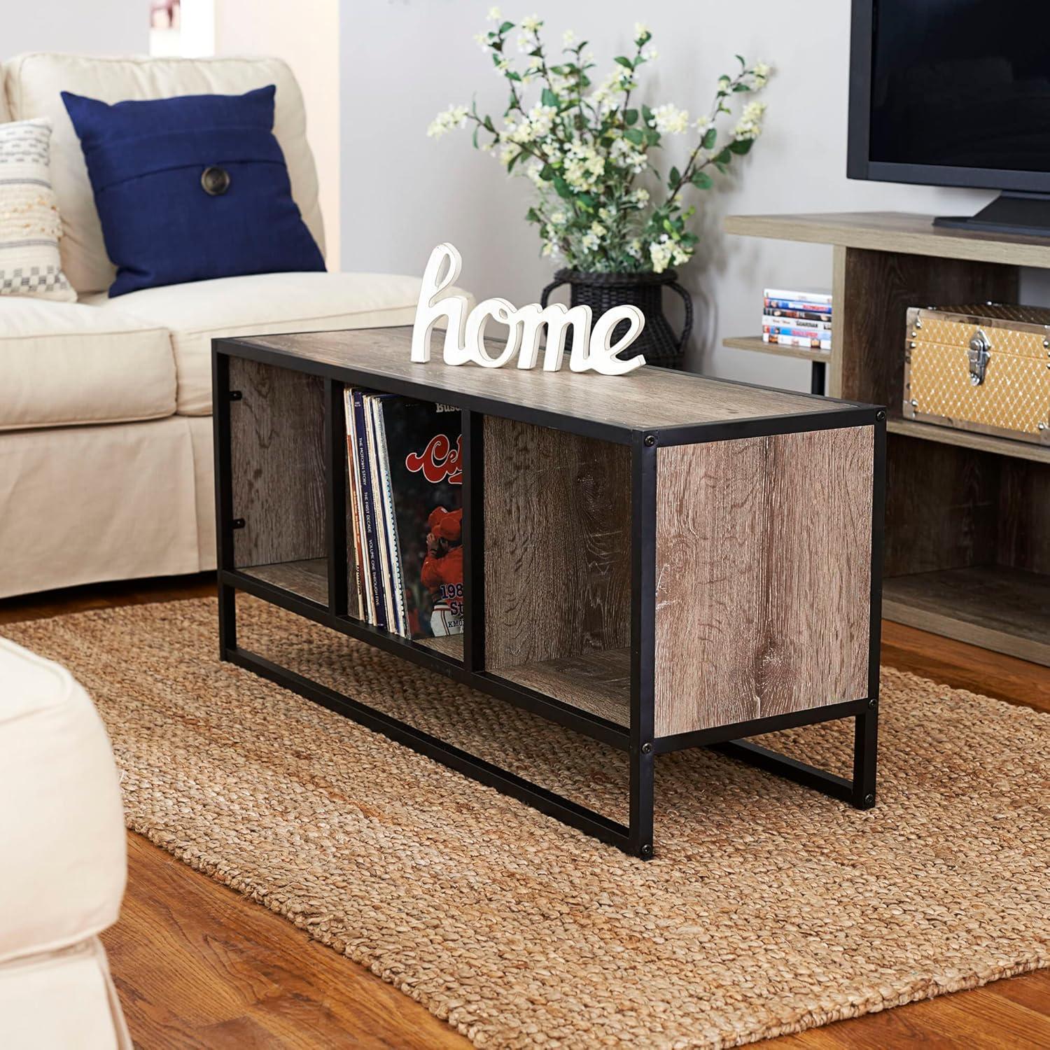 Household Essentials Jamestown TV Stand Coffee Table with Square Cube Storage Compartments Ashwood Rustic Wood Grain and Black Metal