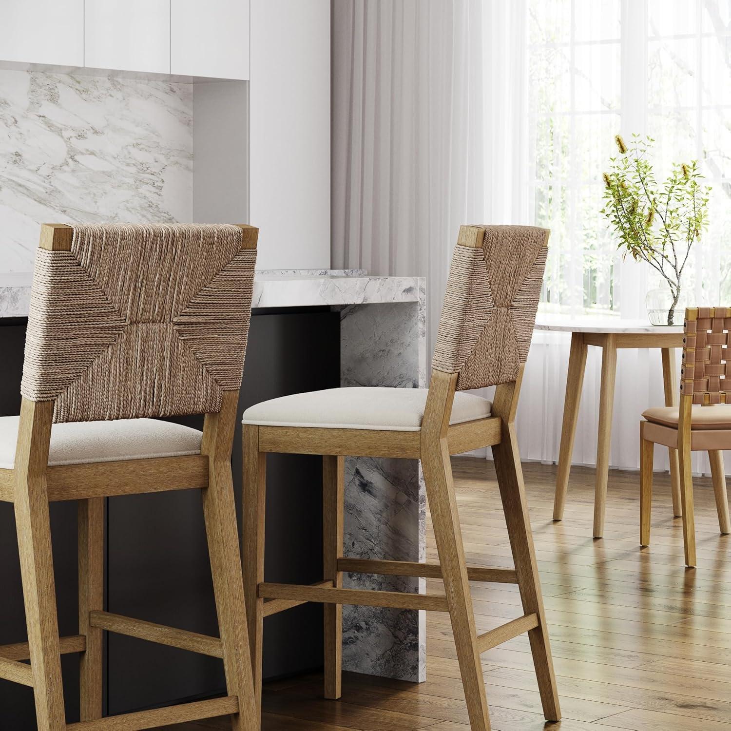 Nathan James Beacon Bohemian Boucle Bar Stool with Back, Bar Height Kitchen Island Chair, Seagrass Bar Stool, Cream Boucle/Brushed Light Brown, Set of 2