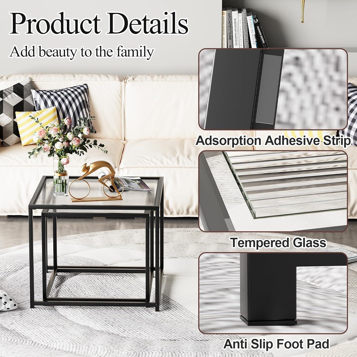 VILAWLENCE Coffee Table Set of 2, Modern Black Patterned Glass Side Table, Metal Frame Square End Table, Center Tables Nesting Coffee Table for Living Room,Bedroom and Small Spaces