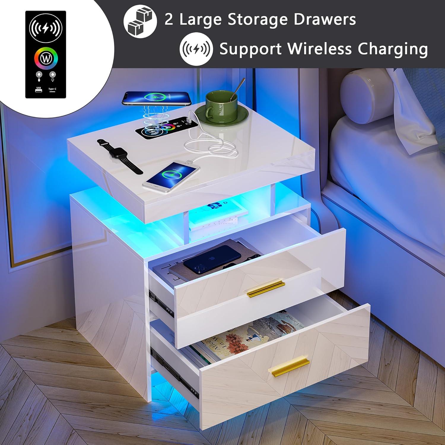 HNEBC Smart LED Nightstand with Wireless Charging & USB Ports, High Glossy Night Stand with 3 Drawers and 1 Pull-Out Tray, Modern Bedside Table with Human Sensor for Bedroom (White)