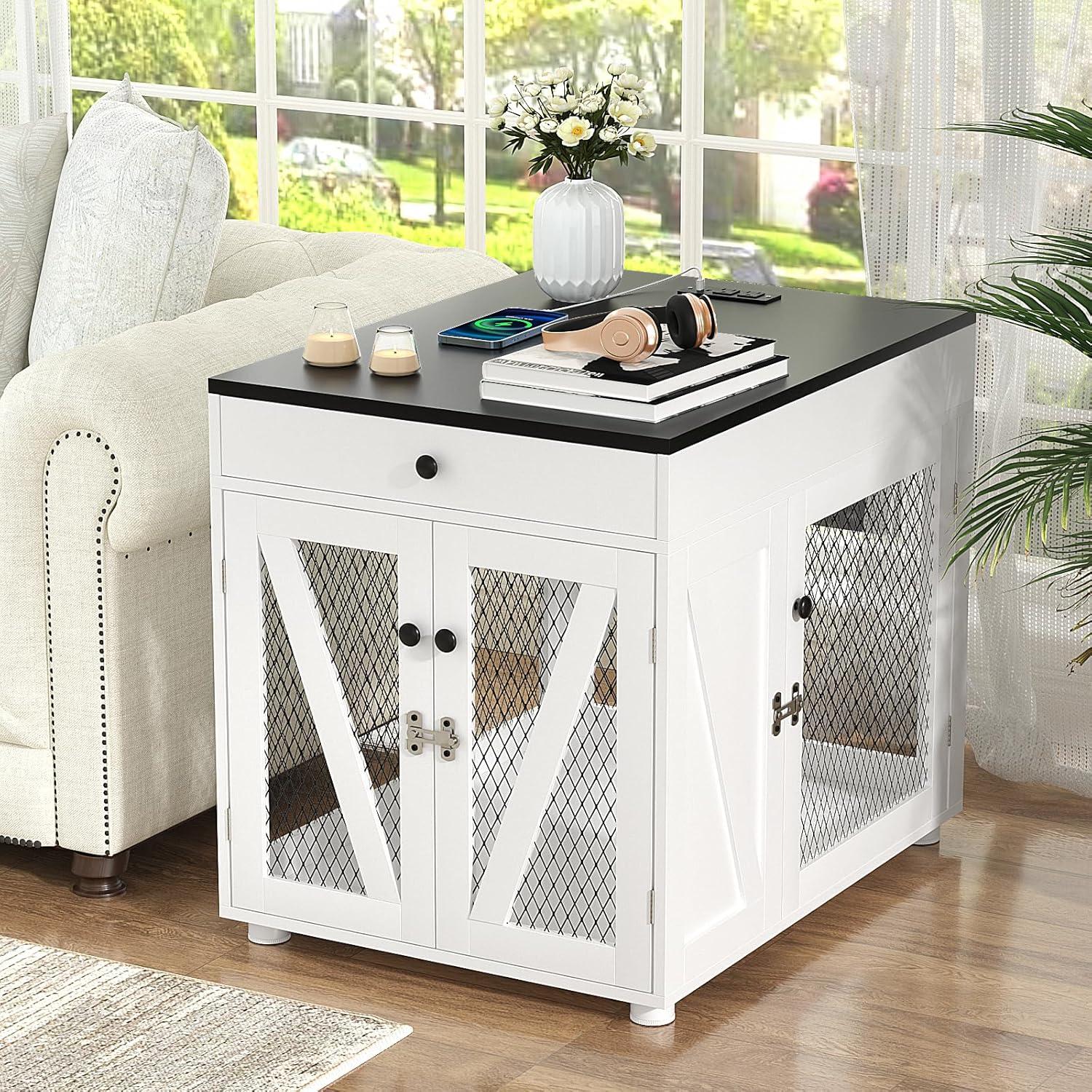 Tucker Murphy Pet™ Dog Crate Furniture, Wooden Dog Kennel End Table with USB Charging Station, Storage Drawer, Double Latched Door, Farmhouse Furniture-Style Crate Side Table for Dogs Under 40 lbs, Indoor Use