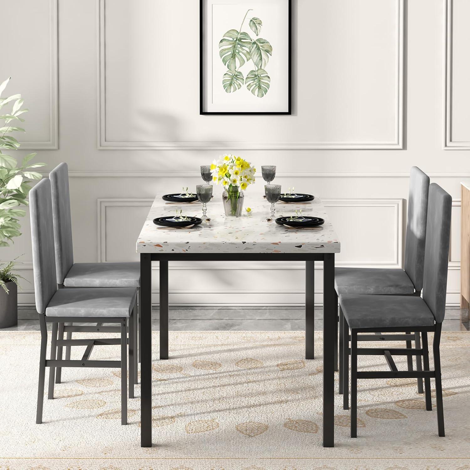 Recaceik 5-Piece Marble Dining Table Set with 4 Velvet Metal Frame Chairs for 4, 31.2"H Table