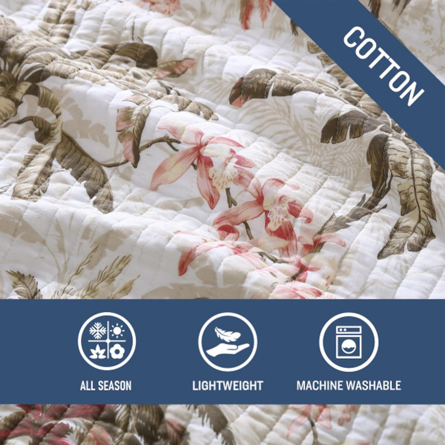 White Cotton Twin Quilt Set with Tropical Print