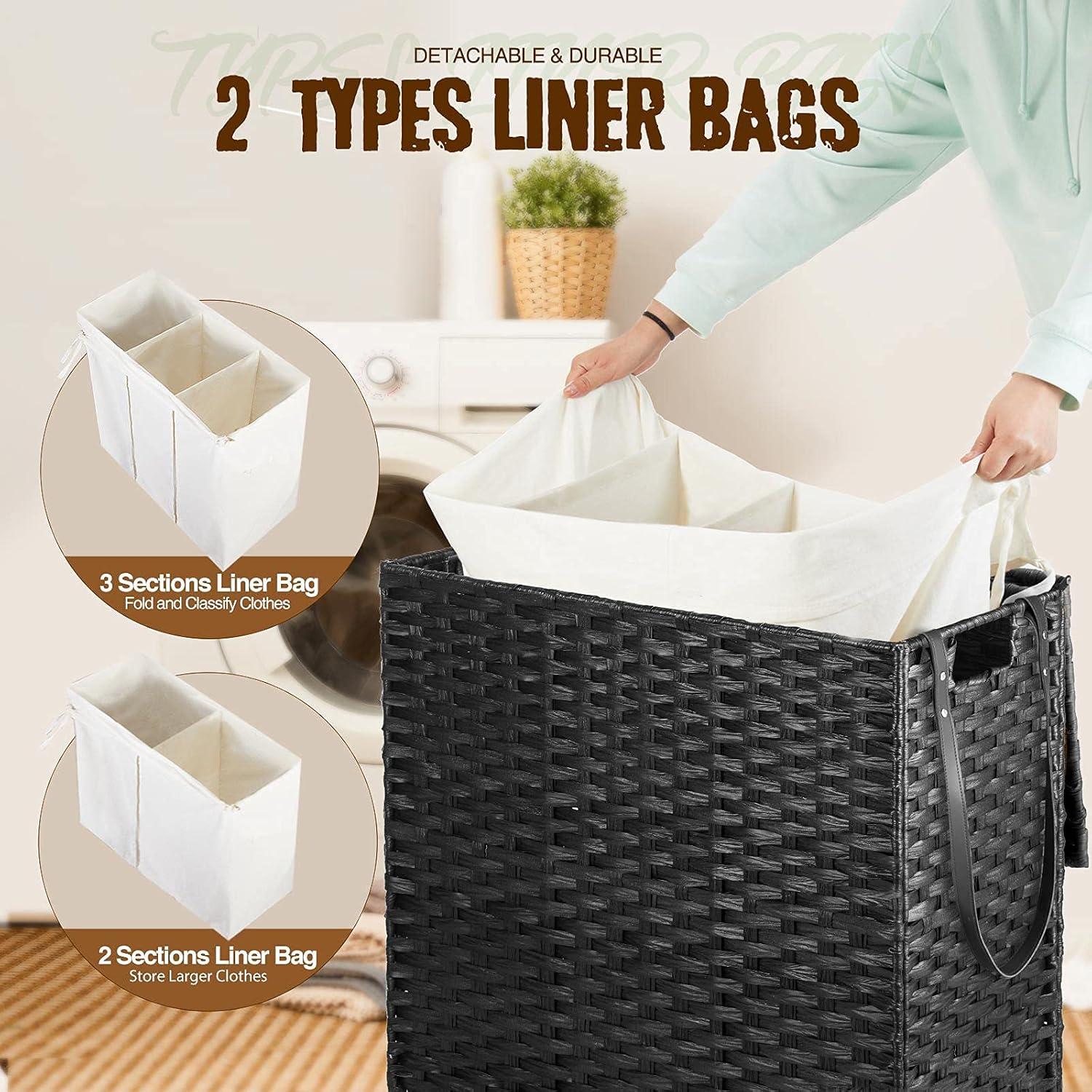 Greenstell Laundry Hamper with Wheels&Lid, 140L Large 3 Sections Clothes Hamper with 2 Types Removable Liner Bags, 5 Mesh Laundry Bags, Handwoven Divided Laundry Basket Black