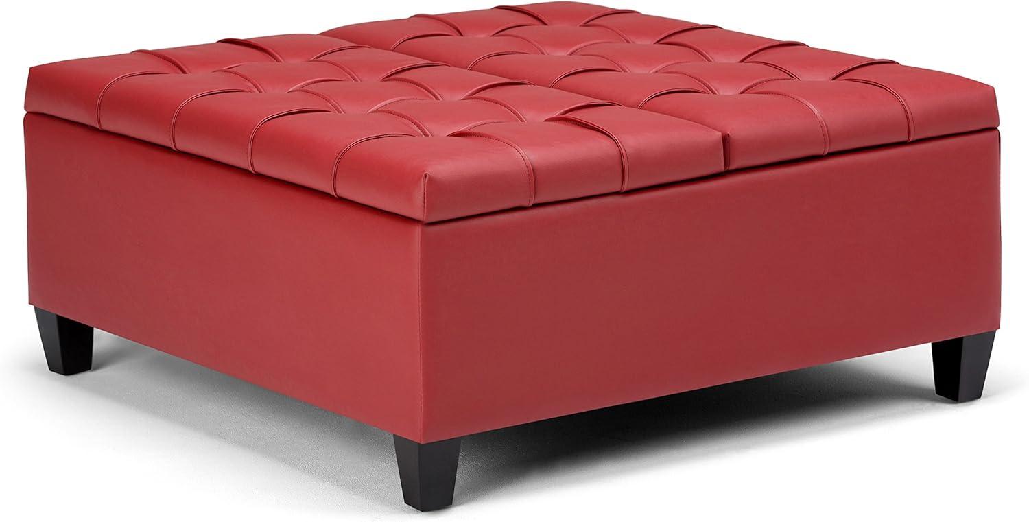 Simpli Home Harrison 36"W Upholstered Square Coffee Table Storage Ottoman with Split Lift Top