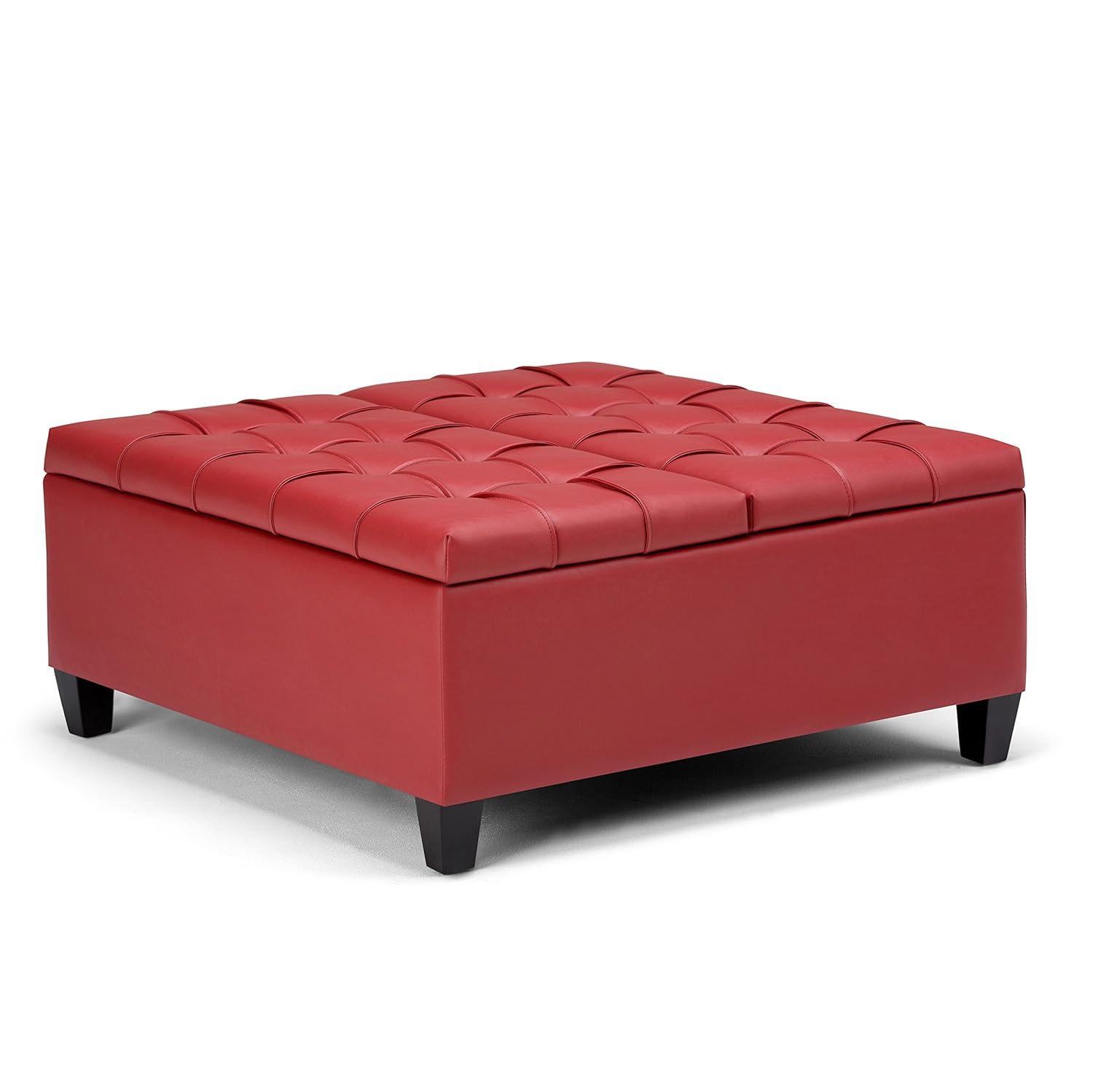 Simpli Home Harrison 36"W Upholstered Square Coffee Table Storage Ottoman with Split Lift Top