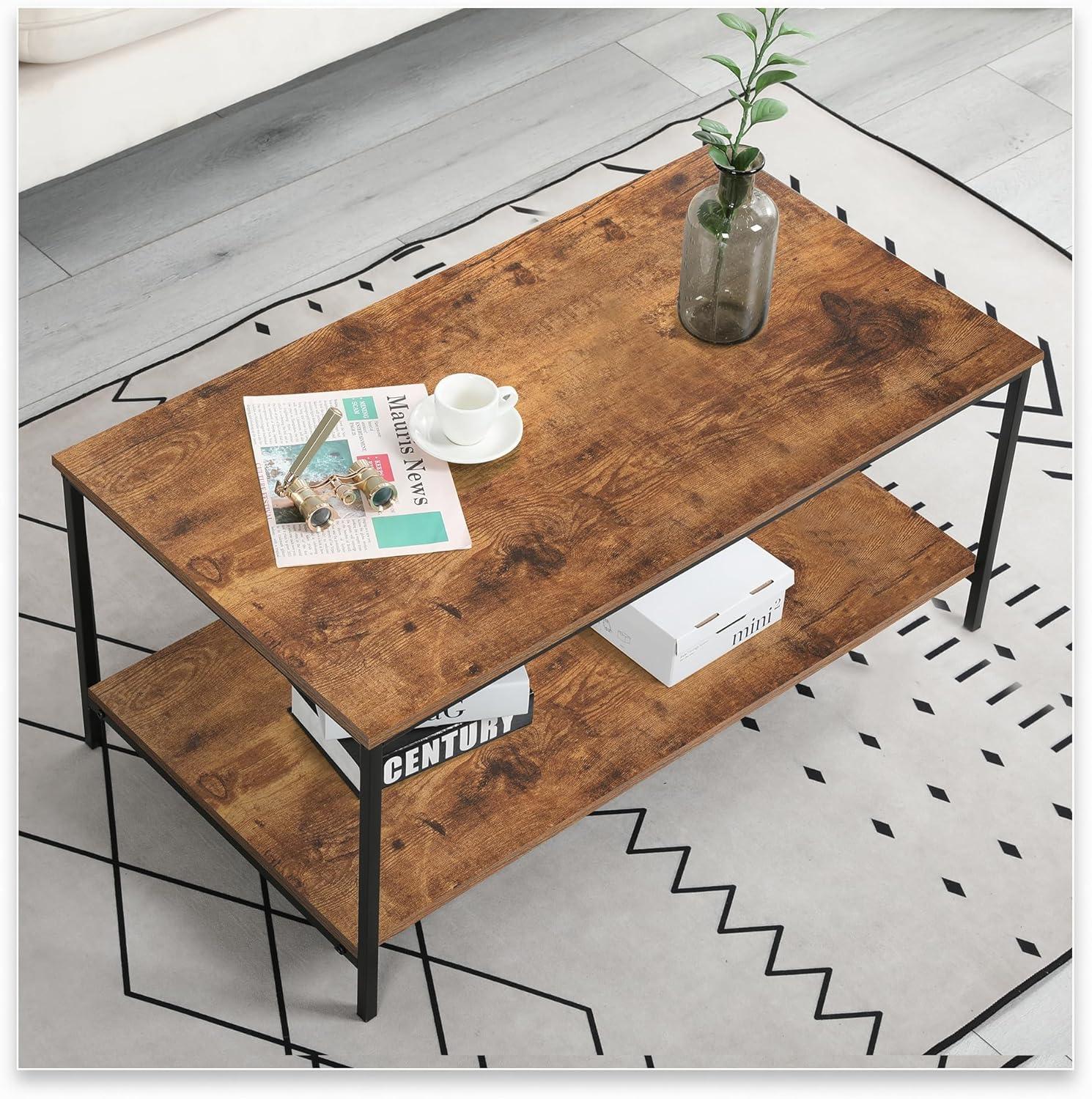 SENIG 2-Tier Coffee Table with Storage Shelf for Living Spaces, Brown Rectangle Wood and Sturdy Metal Side End Table, Functional Center Table for Living Room, 39.3 x 20 x 16