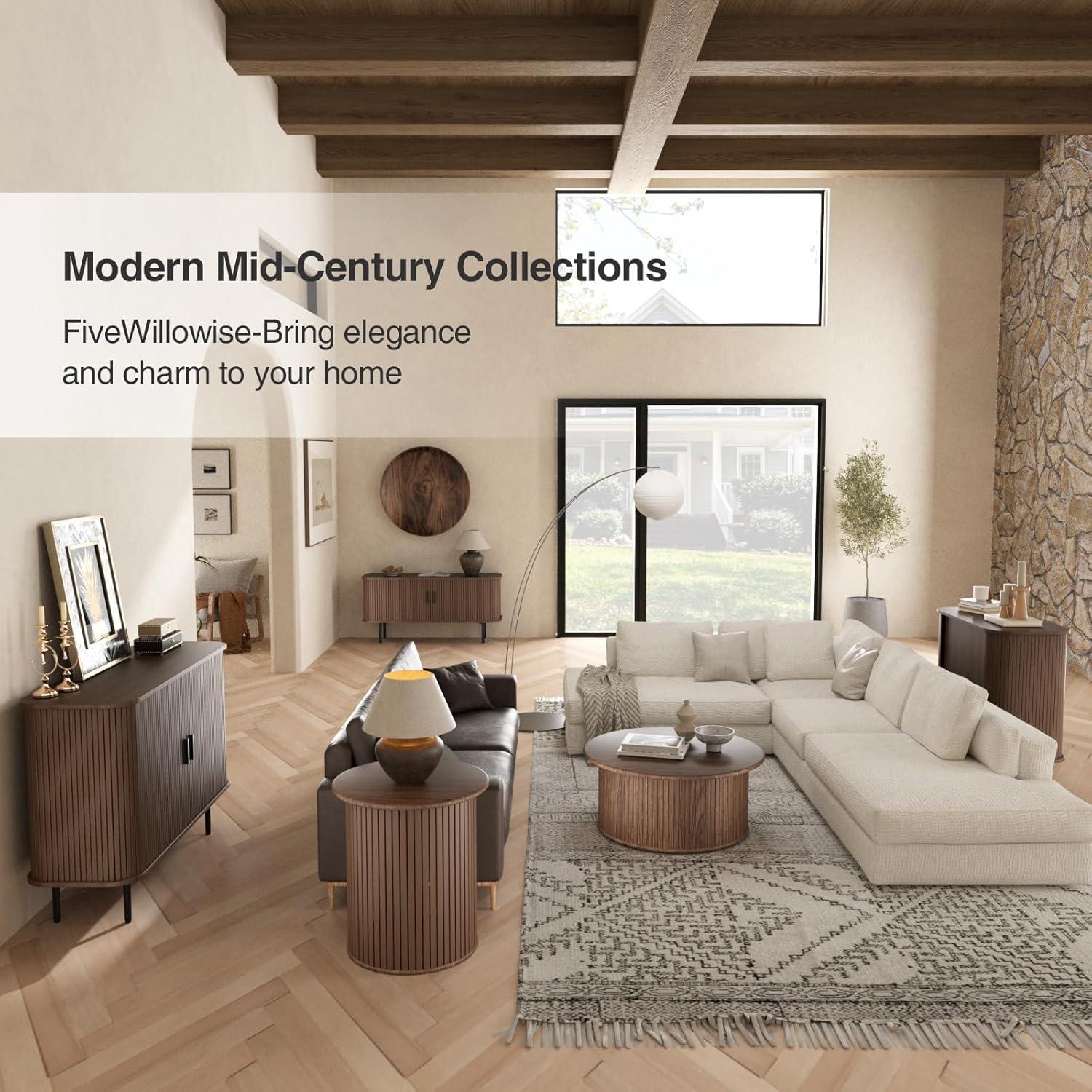 31''W Walnut Buffet Sideboard Cabinet with Storage, Fluted Accent Storage Cabinet with Curvy Edge, Sliding Door, Freestanding Credenza, Console Table for Living Room, Kitchen, Hallway