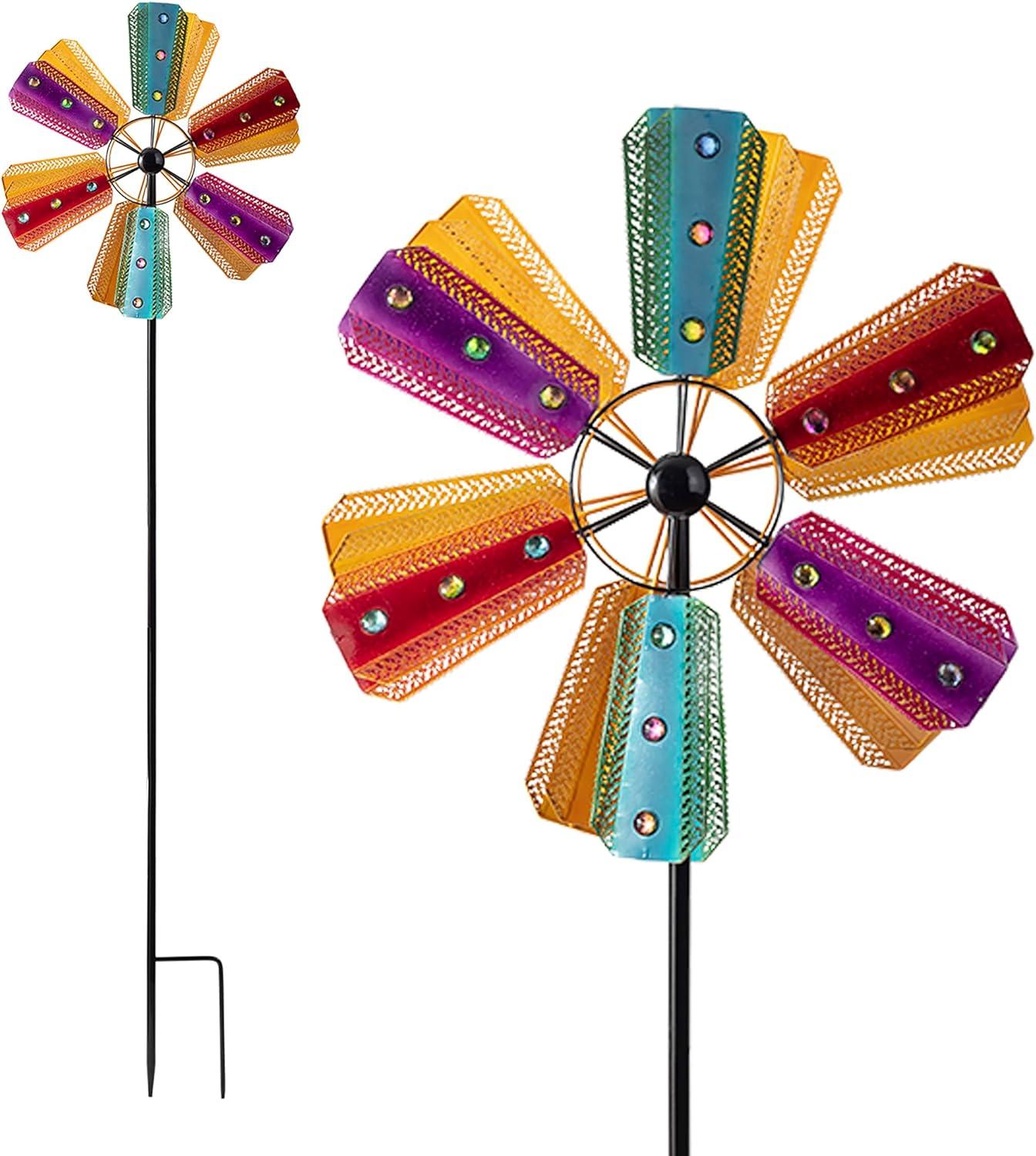 Colorful Bejeweled Metal Windmill Spinner Garden Stake - Alpine Corporation: Decorative Yard Art, Iron Crafted, Multicolored Gems