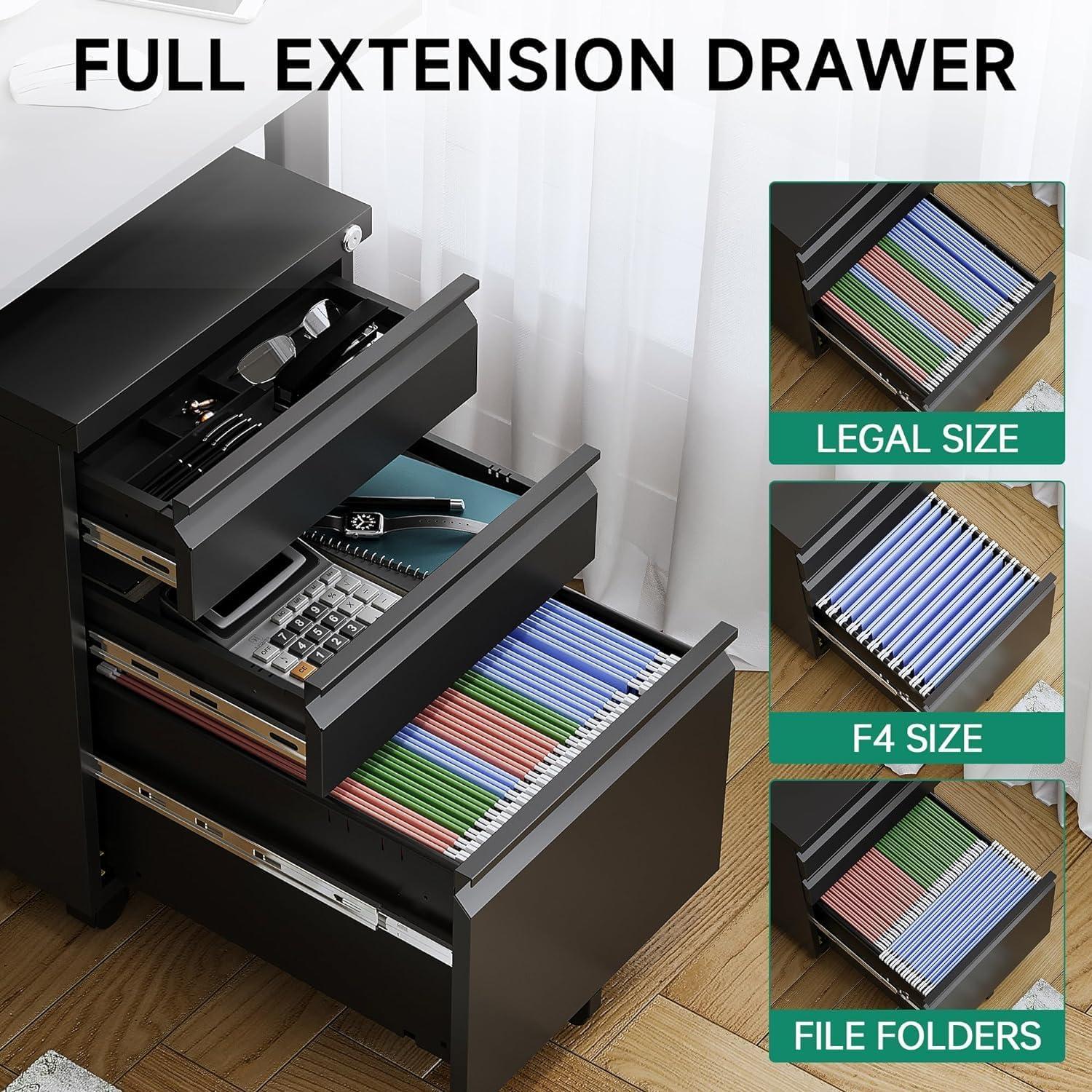 MIIIKO File Cabinet 3 Drawers on Wheels Under Desk, Black Metal Rolling File Cabinets with Lock for Home Office, Un-Assembled Filing Cabinet with Lock