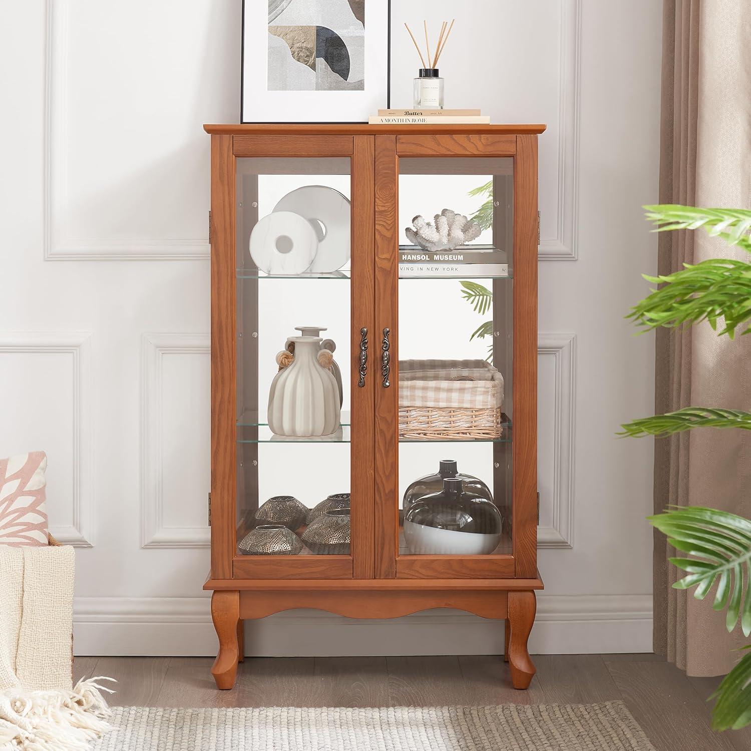 Oak Curio Cabinet with Glass Doors and Adjustable Shelves