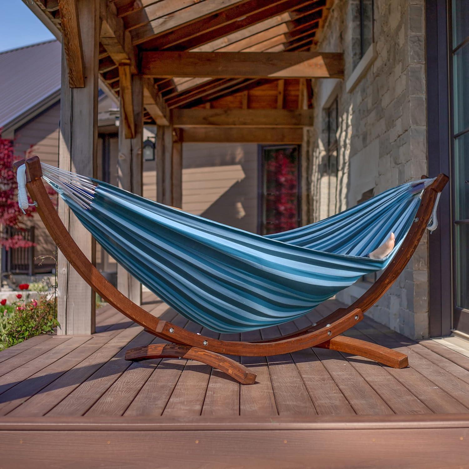 Vivere 8ft Double Cotton Hammock with Solid Pine Arc Stand - Blue Lagoon Color