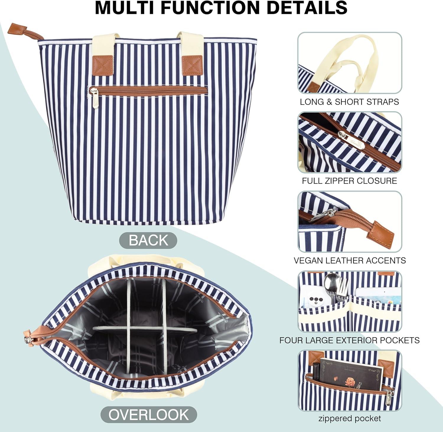 Solaris Insulated Cooler Bag, 3 Layer Leakproof Soft Cooler tote bag, Collapsible Waterproof Grocery Thermal Bag, Gift Ideas for Picnic, Gray Strip