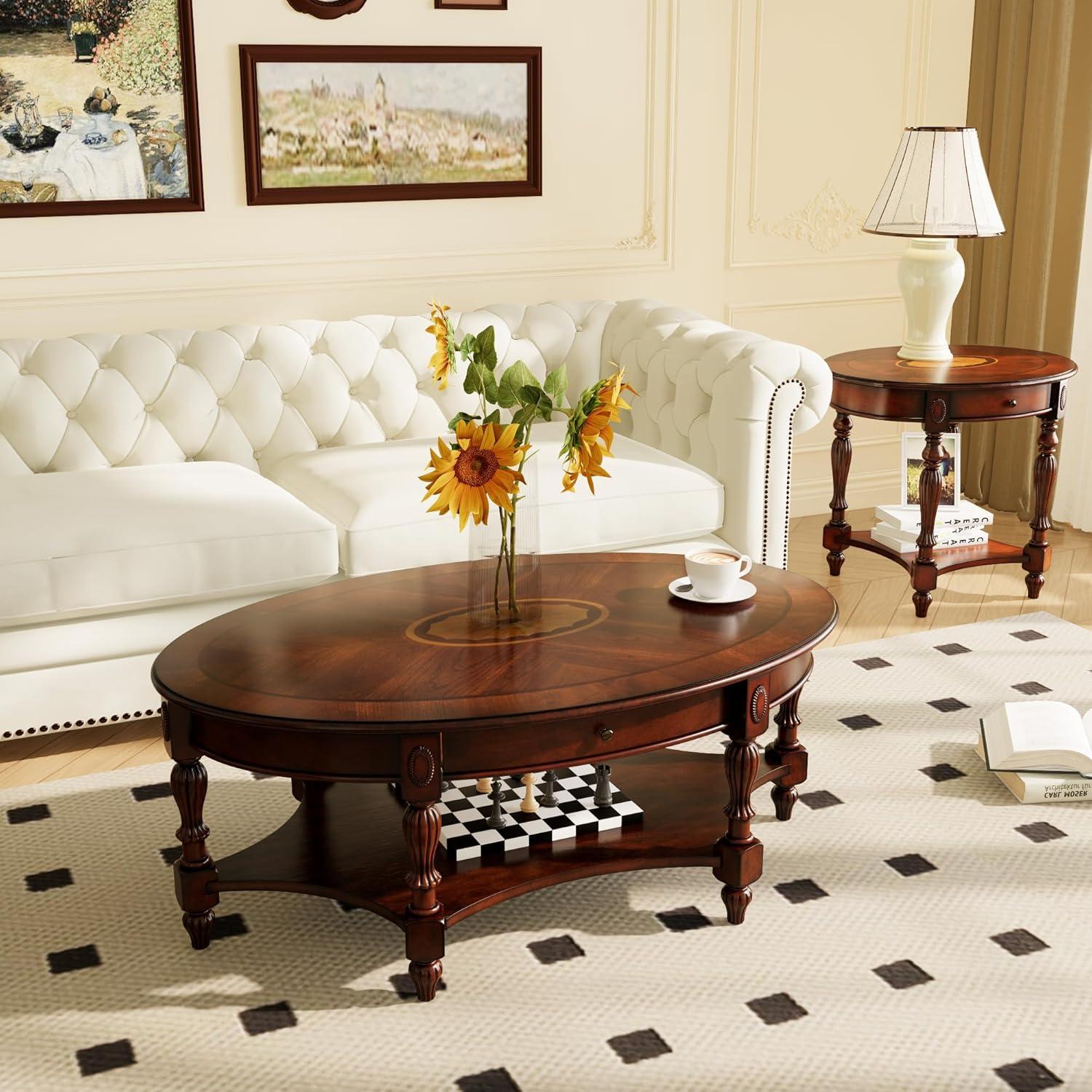 Solid Wood Coffee Table Console Table with Storage Drawer With drawers Coffee Table Wood, Cherry Coffee Tables