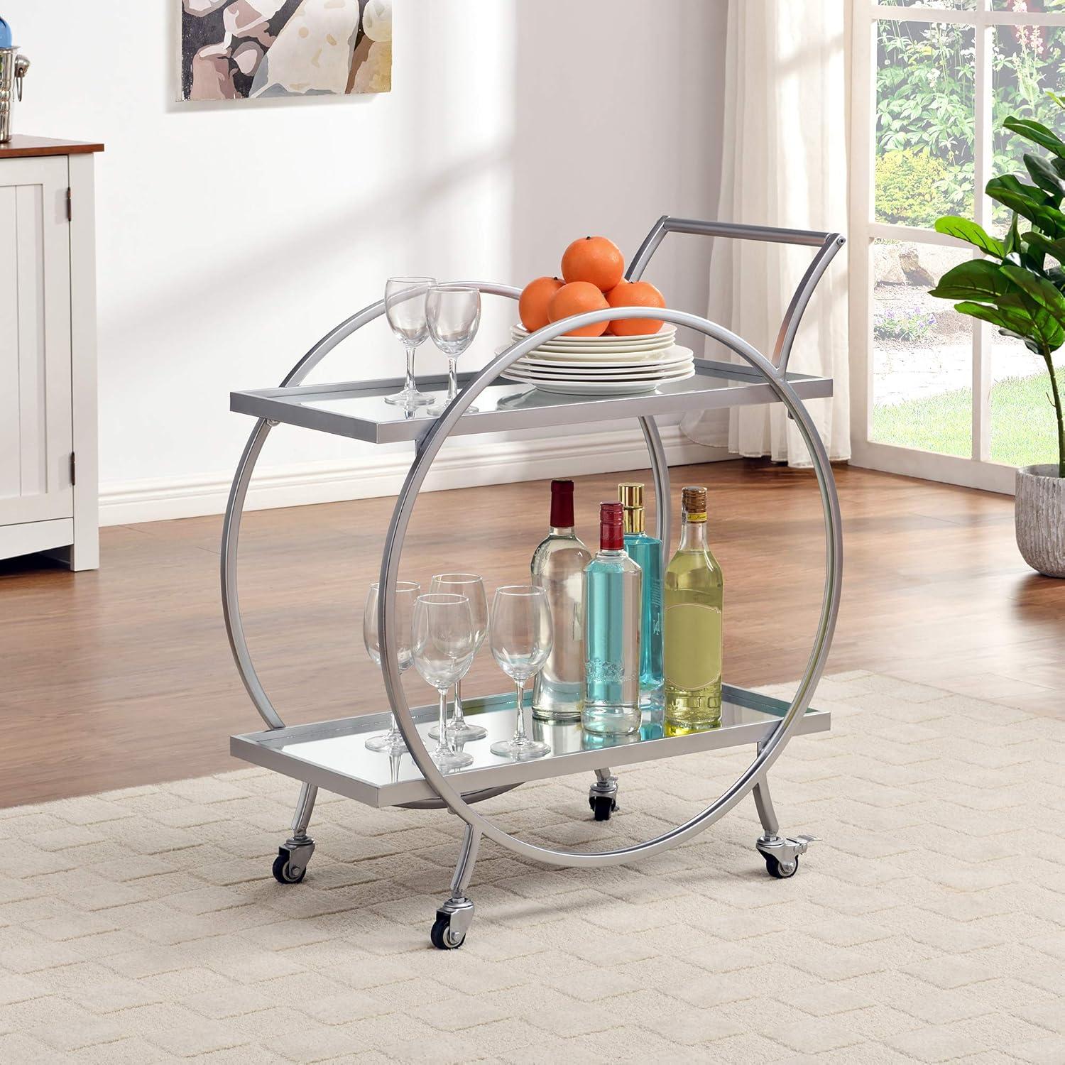 Silver Round Stainless Steel Bar Cart with Mirrored Shelves