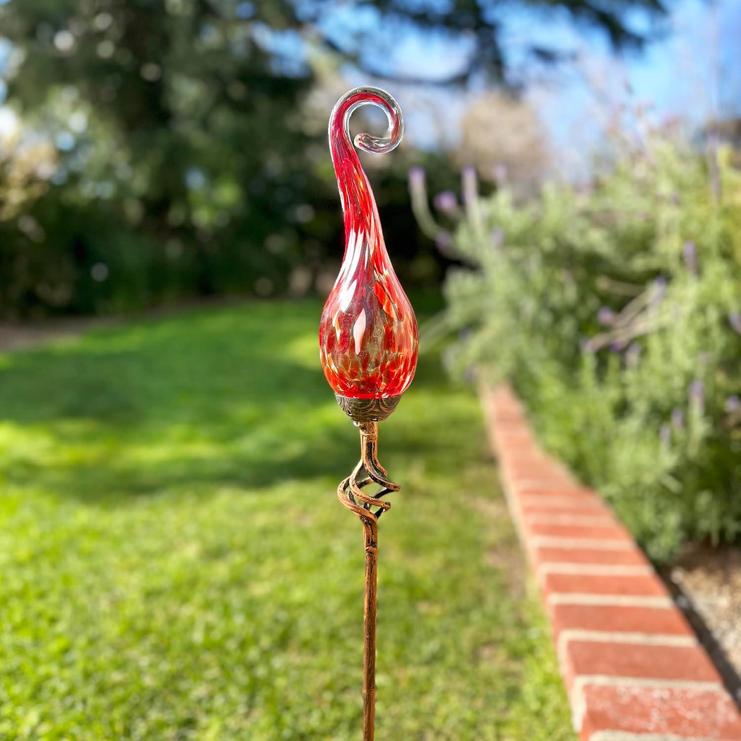 Exhart Solar Hand Blown Pearlized Glass Spiral Flame Garden Stake with Metal Finial Detail, 36 Inch