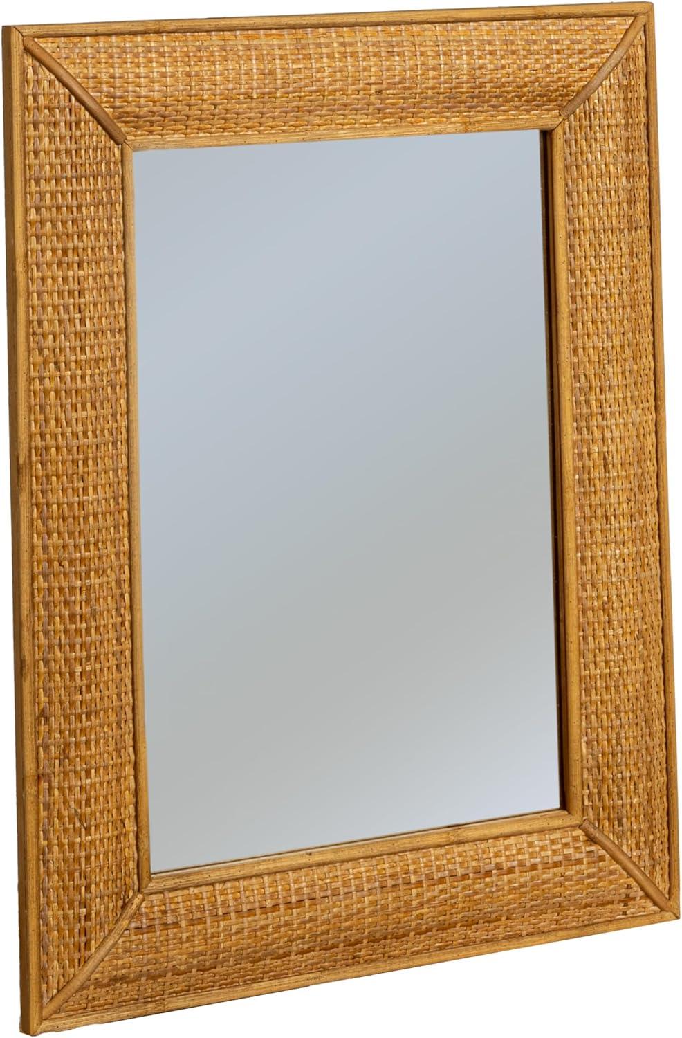 Creative Co-Op Rectangle Wood Framed Wall Mirror with Rattan Detail, Brown