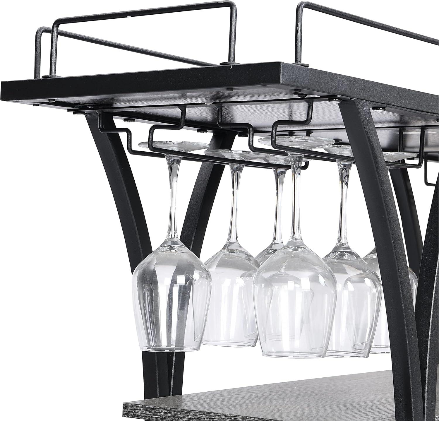 Gray Industrial Bar Cart with Wine Rack and Glass Shelf