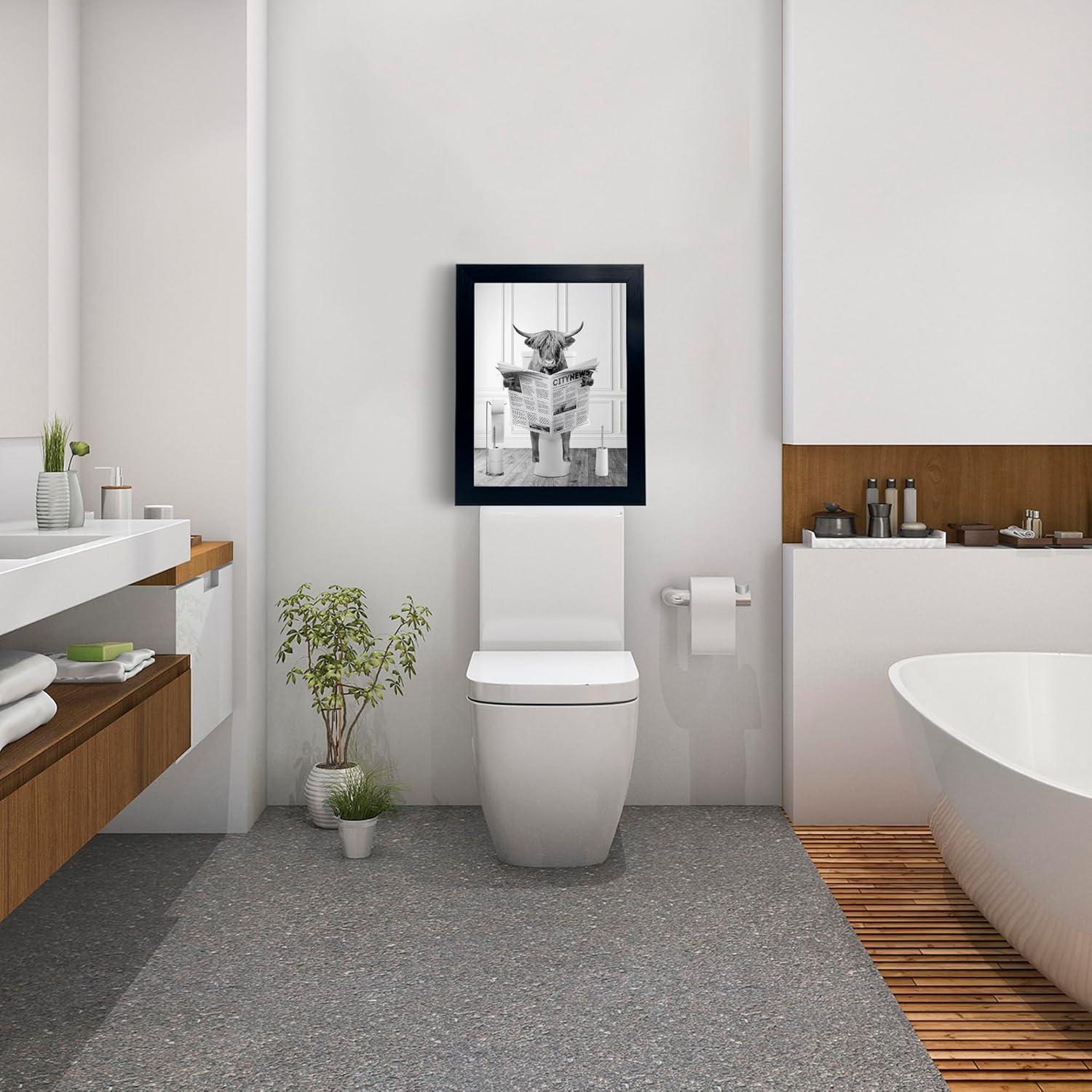 Modern Black Framed Highland Cow Wall Art Minimalist Bathroom Wall Decor Cute Funny Animals Artwork Canvas Prints Ready to Hang for Guest Bathroom, Hotel, Condo, Kids Bathroom, 12”x16”