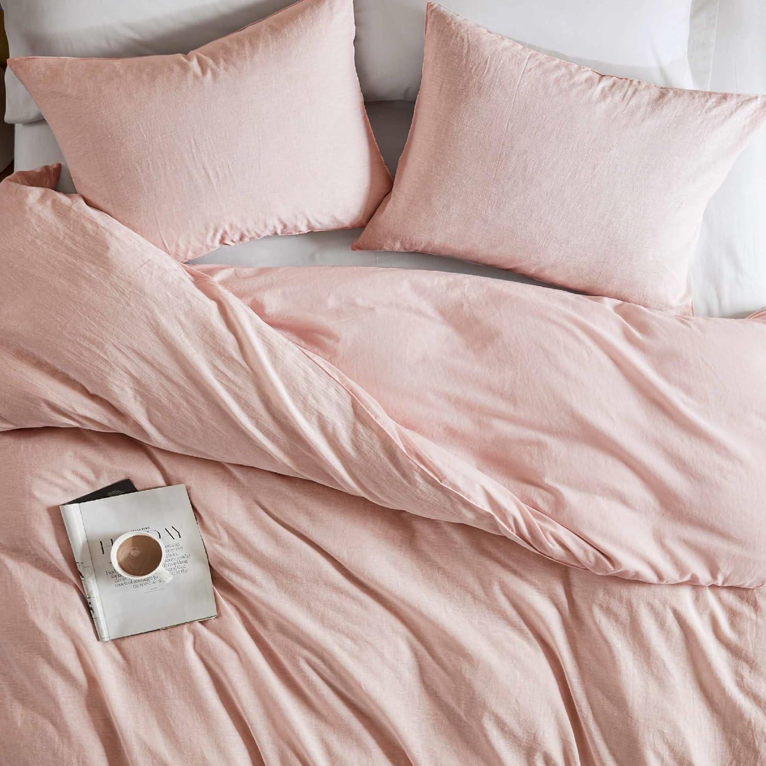 Hyde Lane Linen Duvet Cover Set King Size, 3Pcs Textured French Flax Linen Cotton Blend Bedding Set, Natural and Organic, Soft and Breathable, with 2 Pillow Shams, 104"x90", Pink