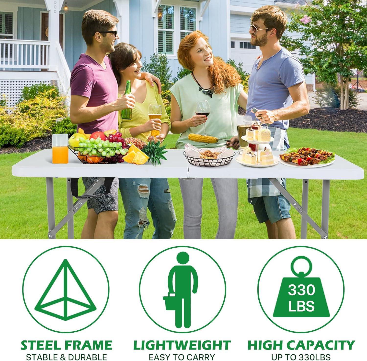 CL.HPAHKL 4 ft Folding Table with 3 Adjustable Height, Small Plastic Foldable Table with Carrying Handle, Portable Camping Table Fold in Half for Indoor Outdoor Camping, Picnic and Party, White