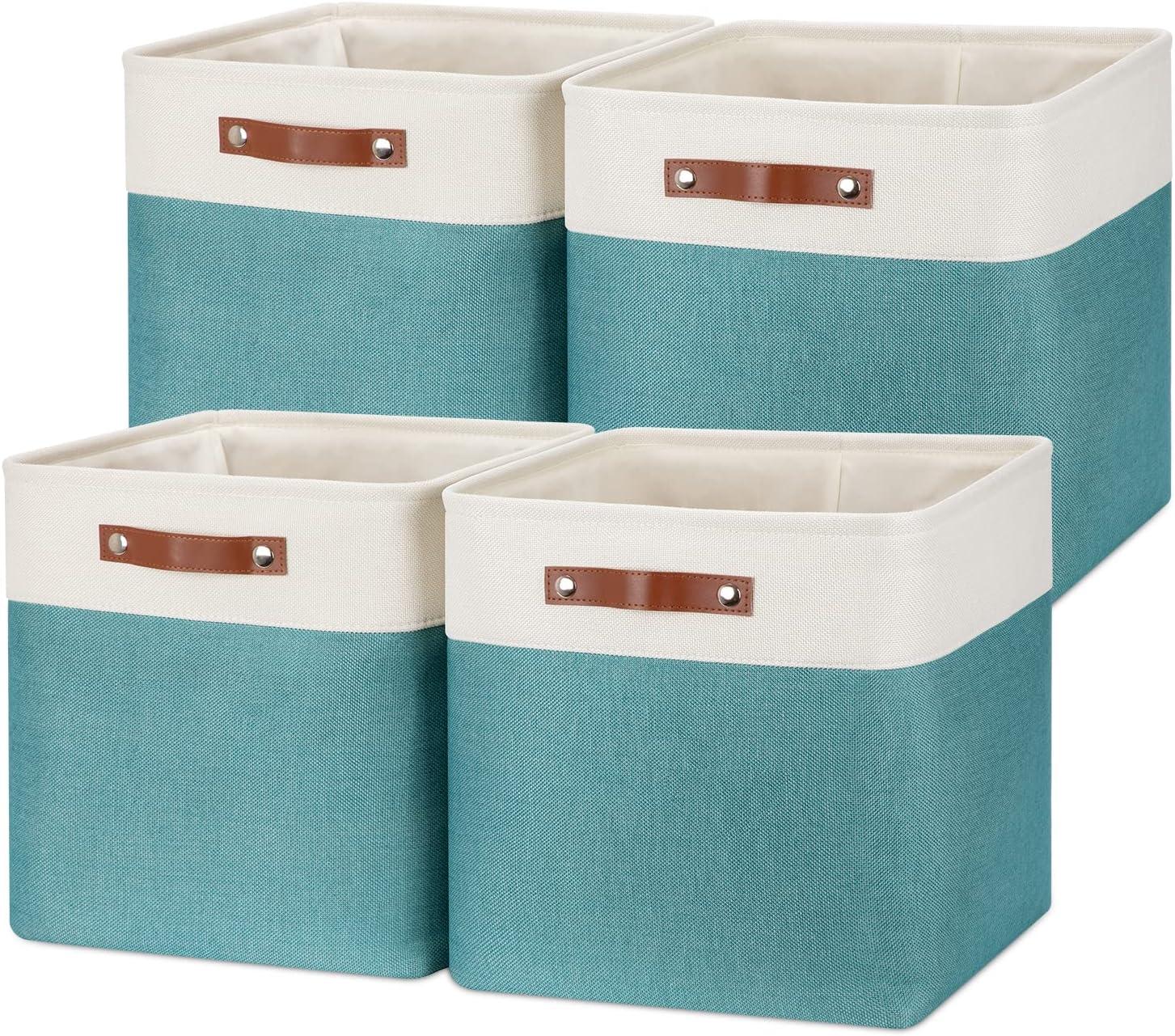 Tegance 13x13 Storage Cubes Baskets 4 Pack Fabric Cube Storage Bins Large Storage Baskets with Leather Handles,Decorative Storage Boxes for Organizing Shelves(WhiteGreen)