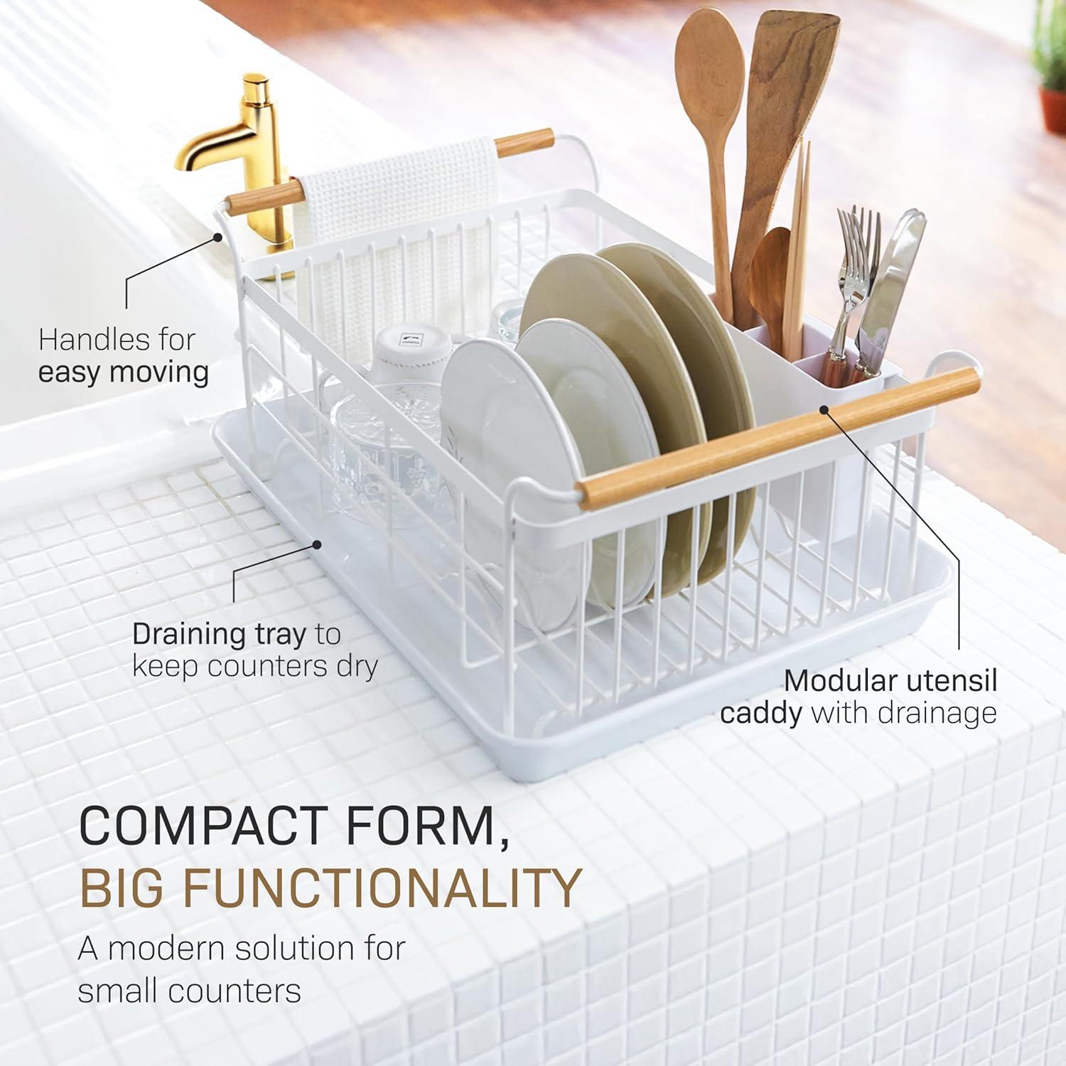 Yamazaki Tosca White Dish Rack with Wood Handles