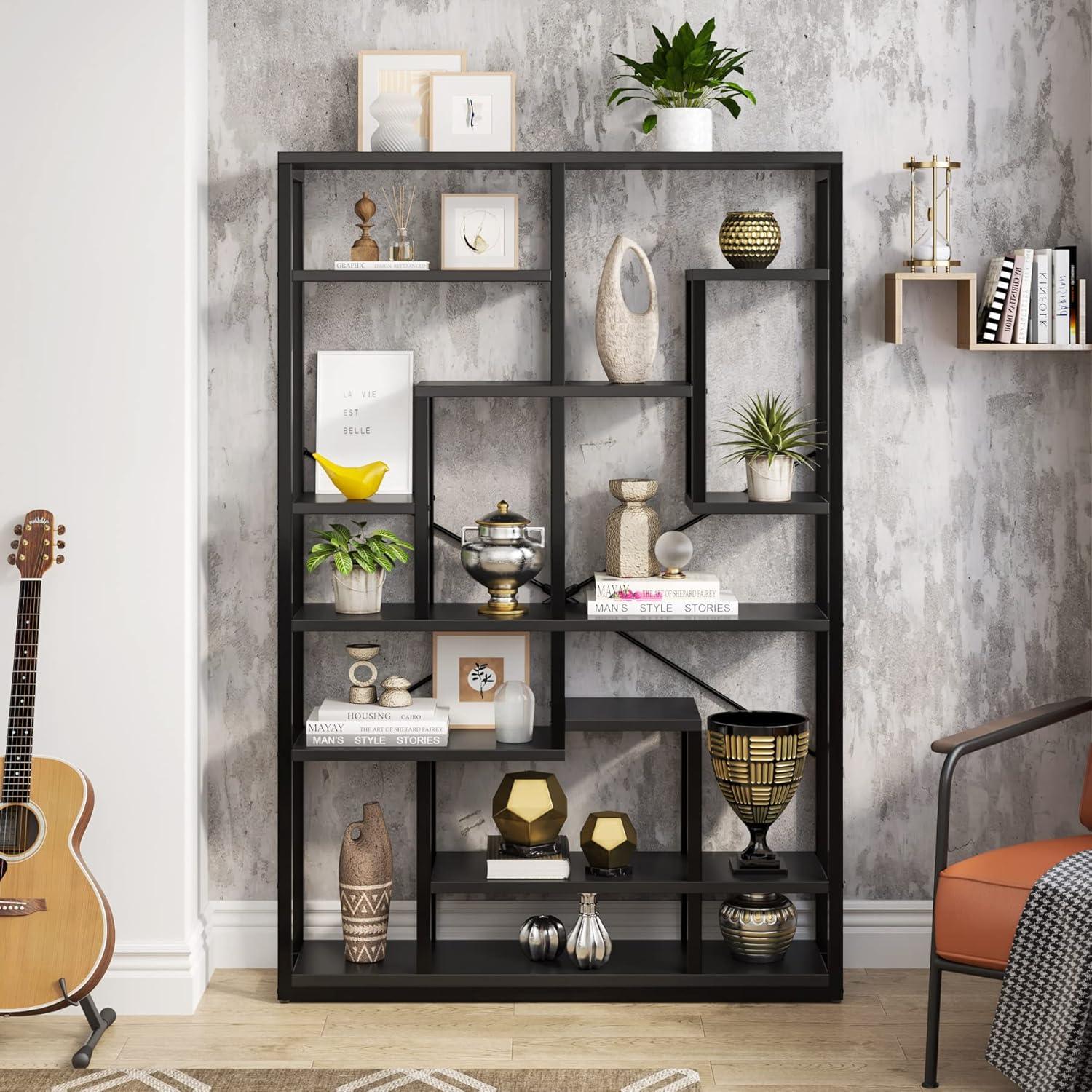 Black Metal and Wood 9-Tier Geometric Bookshelf