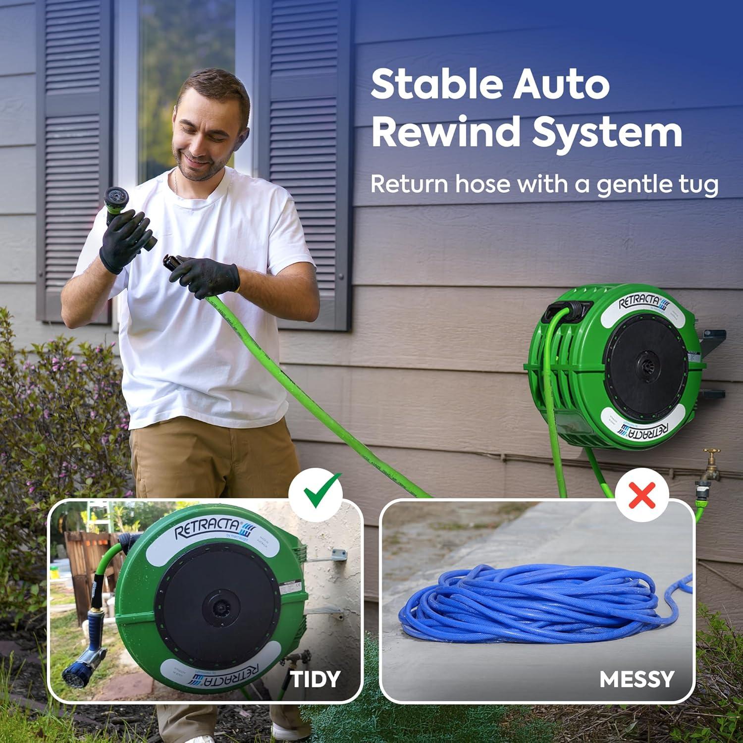 Macnaught Retractable Garden Hose Reel, 82 Ft Water Hose Reel Heavy Duty Retractable Hose with Metal 180° Swivel Rotation Bracket for Wall Mount - Beige