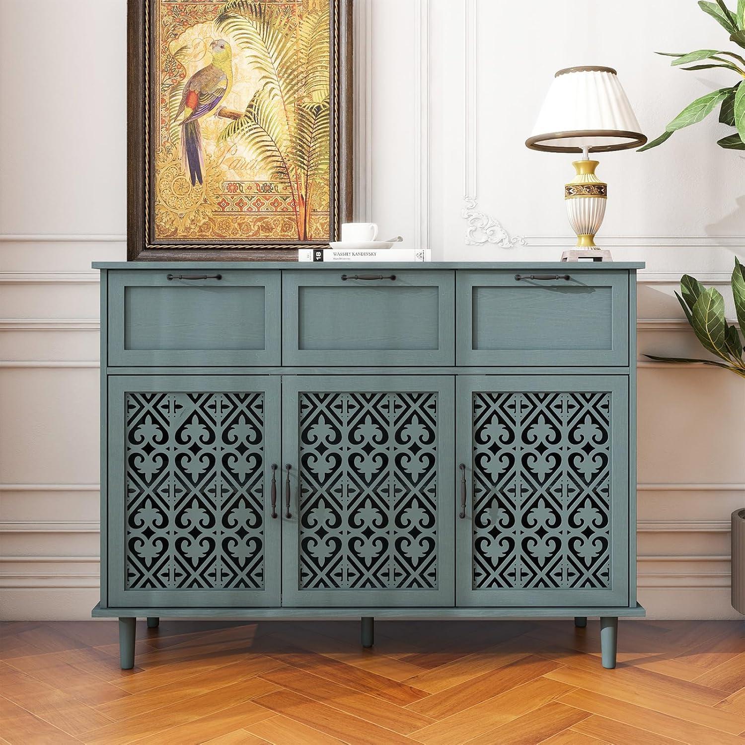 KINFFICT Sideboard Storage Cabinet with 3 Doors & 3 Drawers, Mid-Century 47"L Accent Cabinet for Living Room, Entryway, Bedroom, Dark Green