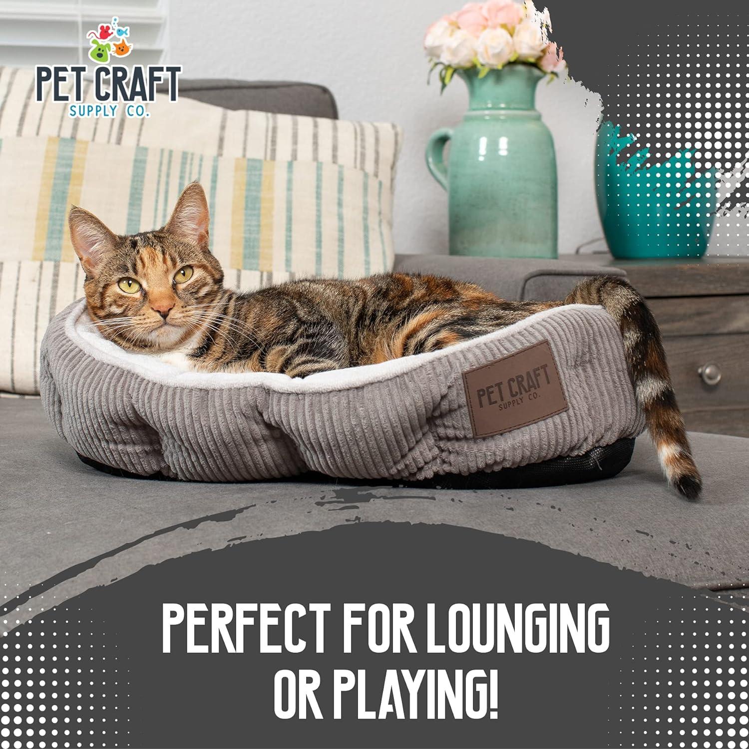 Pet Craft Supply Sleeper Self Warming Calming Cat Bed with Ultra Soft Luxury Plush & Refillable Catnip Pouch, Grey