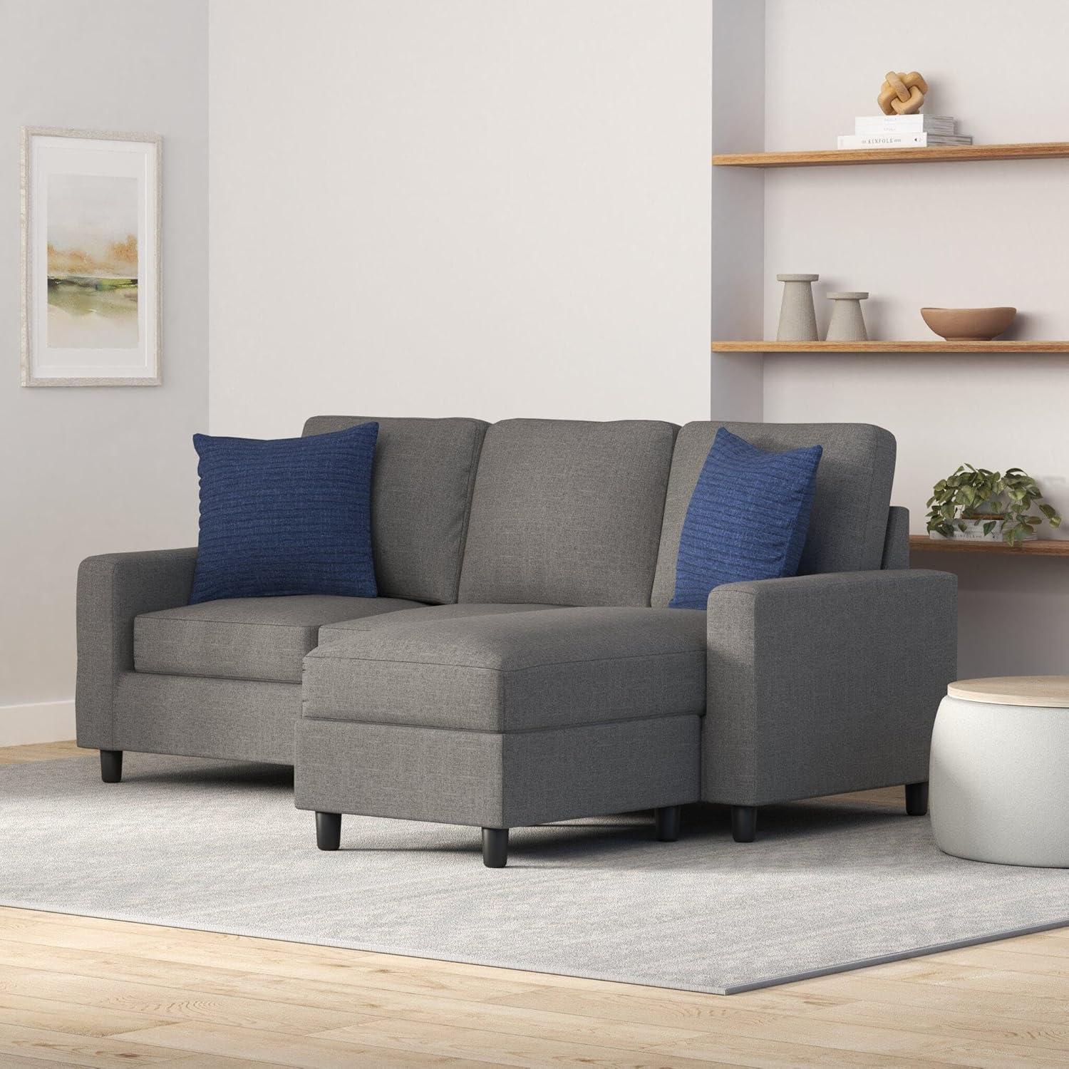 Gray Linen Sectional Sofa with Reversible Ottoman and Wood Frame