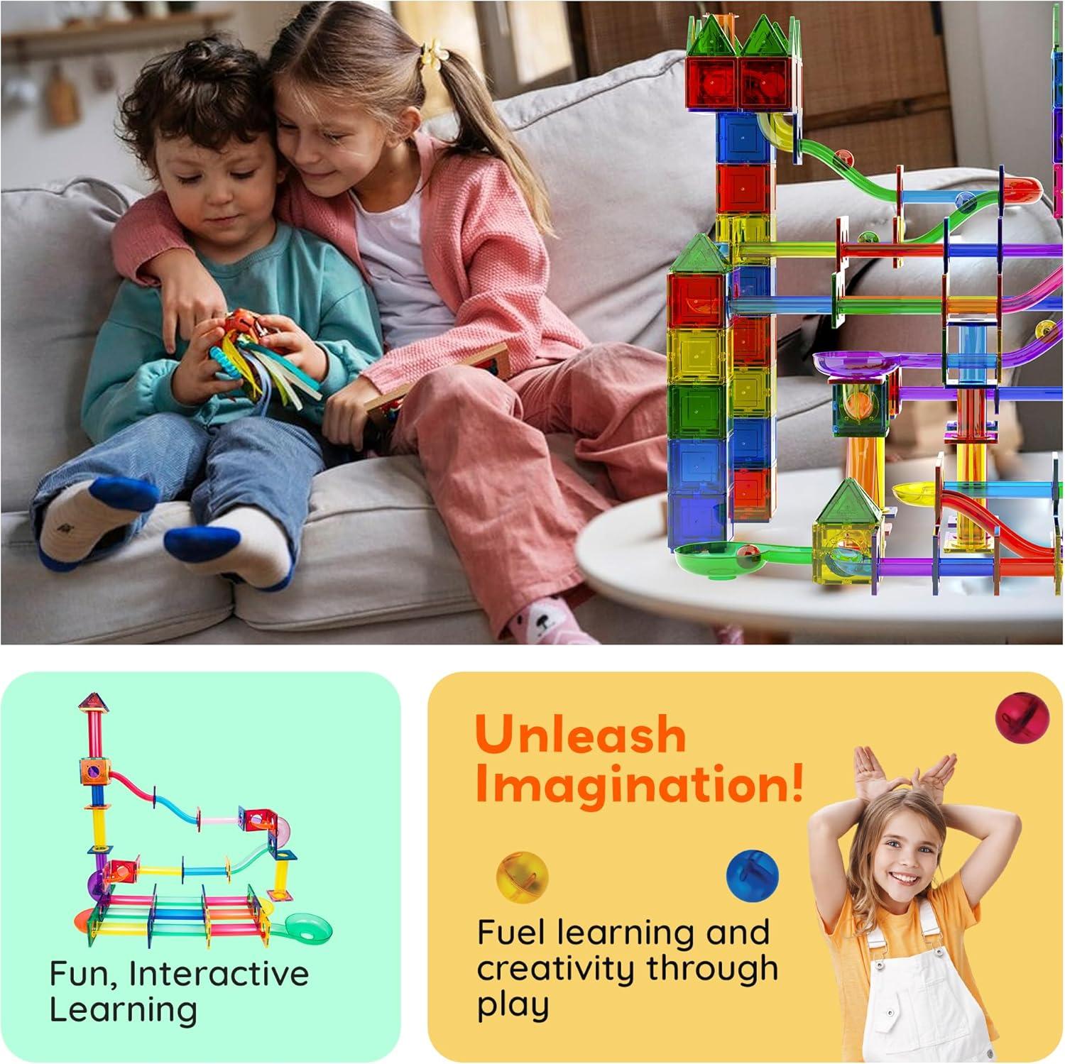PICASSO-TILES Marble Run Race Track Set,  Magnetic Tiles, Building Blocks, STEM Toys for Kids, 120pc